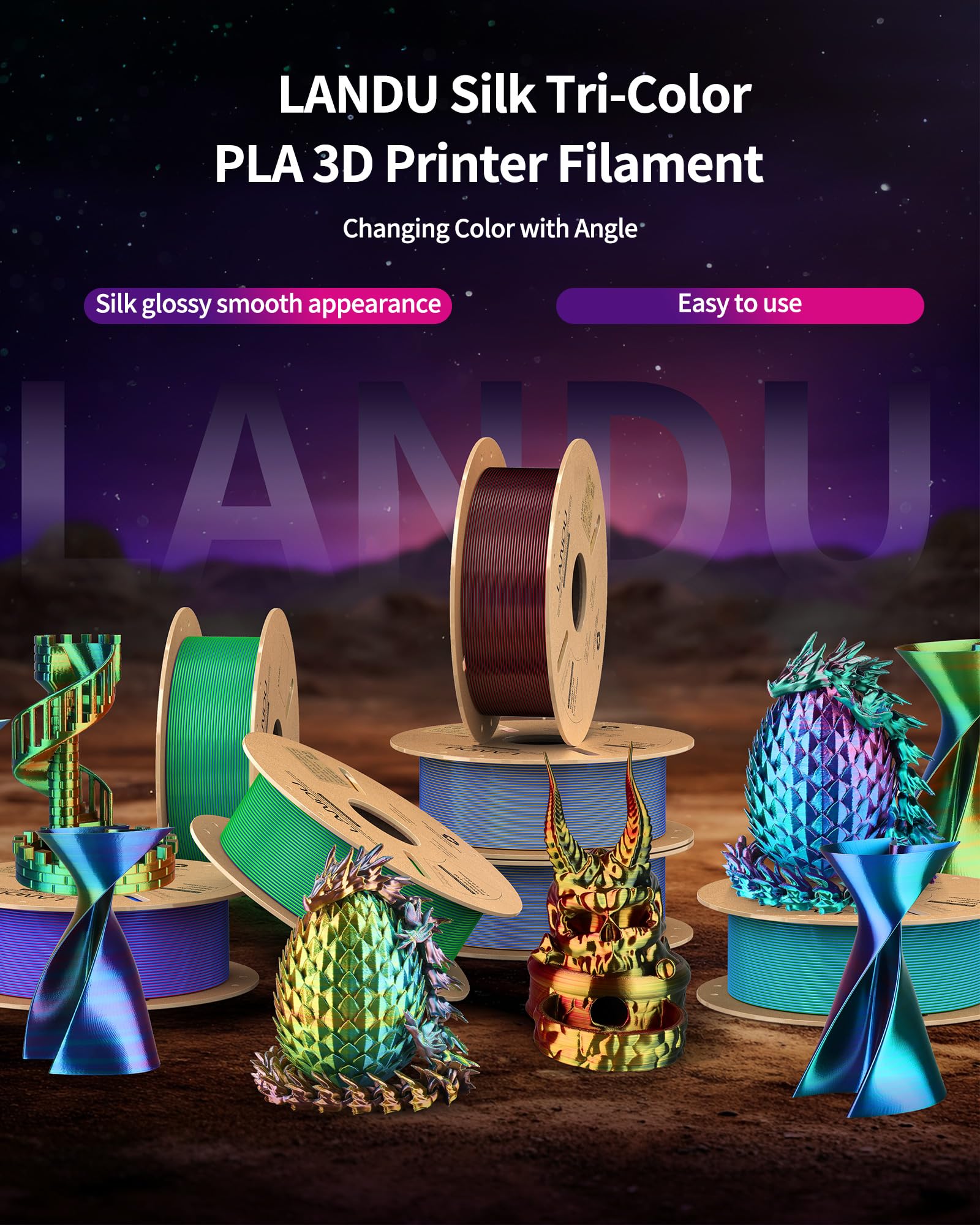 LANDU Silk Tri-Color PLA Filament - Rainbow 3D Printing -6