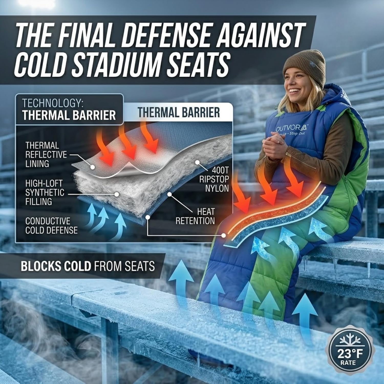 Wearable Stadium Blanket Waterproof Windproof | [23°F Ultra Warmth] 3-in-1 Sleeping Bag with Arm Holes & Walkable Feet | Perfect for Soccer Games, Bleachers & Winter Sports