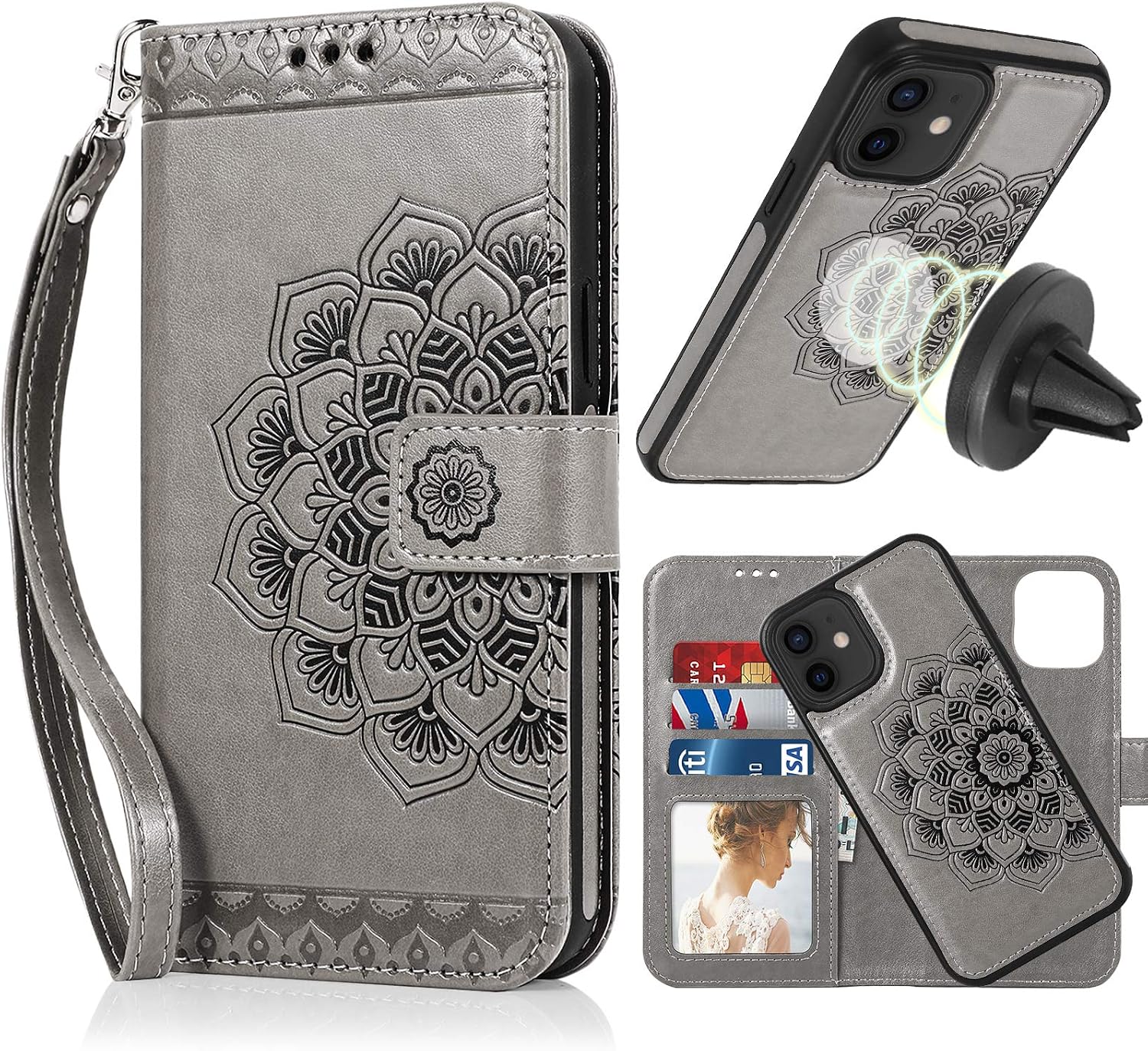 CASEOWL Wallet Case Compatible for iPhone 12/12 Pro,Magnetic Detachable Slim Case Fit Magnetic Car Mount,Card Solts Holder,Embossed Mandala Pattern Flower Floral Vegan Leather Flip Wallet Case[Gray]