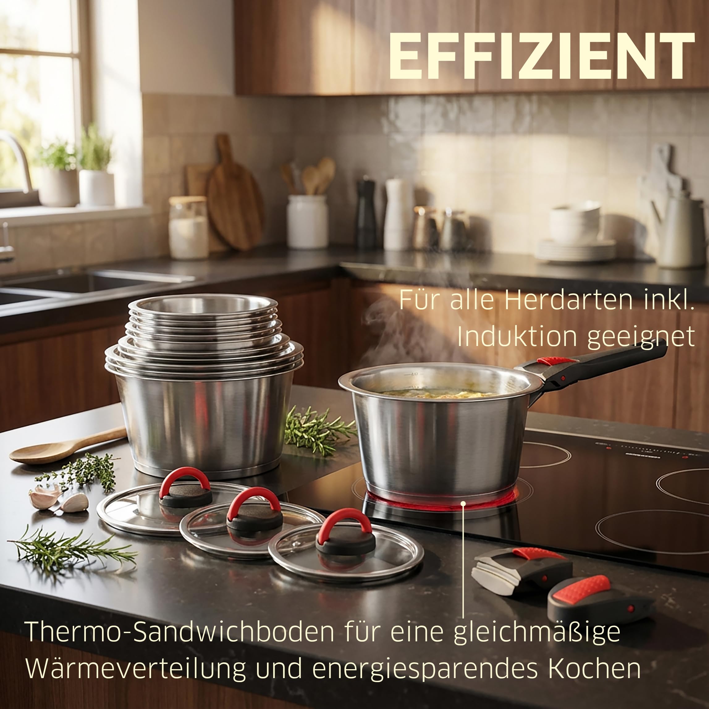 Topfset 12-tlg, abnehmbarer Griff, Edelstahl 18/10 | Das 12-teilige Set umfasst 3 Töpfe, 3 Griffe und 6 Deckel – stapelbar, spülmaschinenfest und induktionsgeeignet