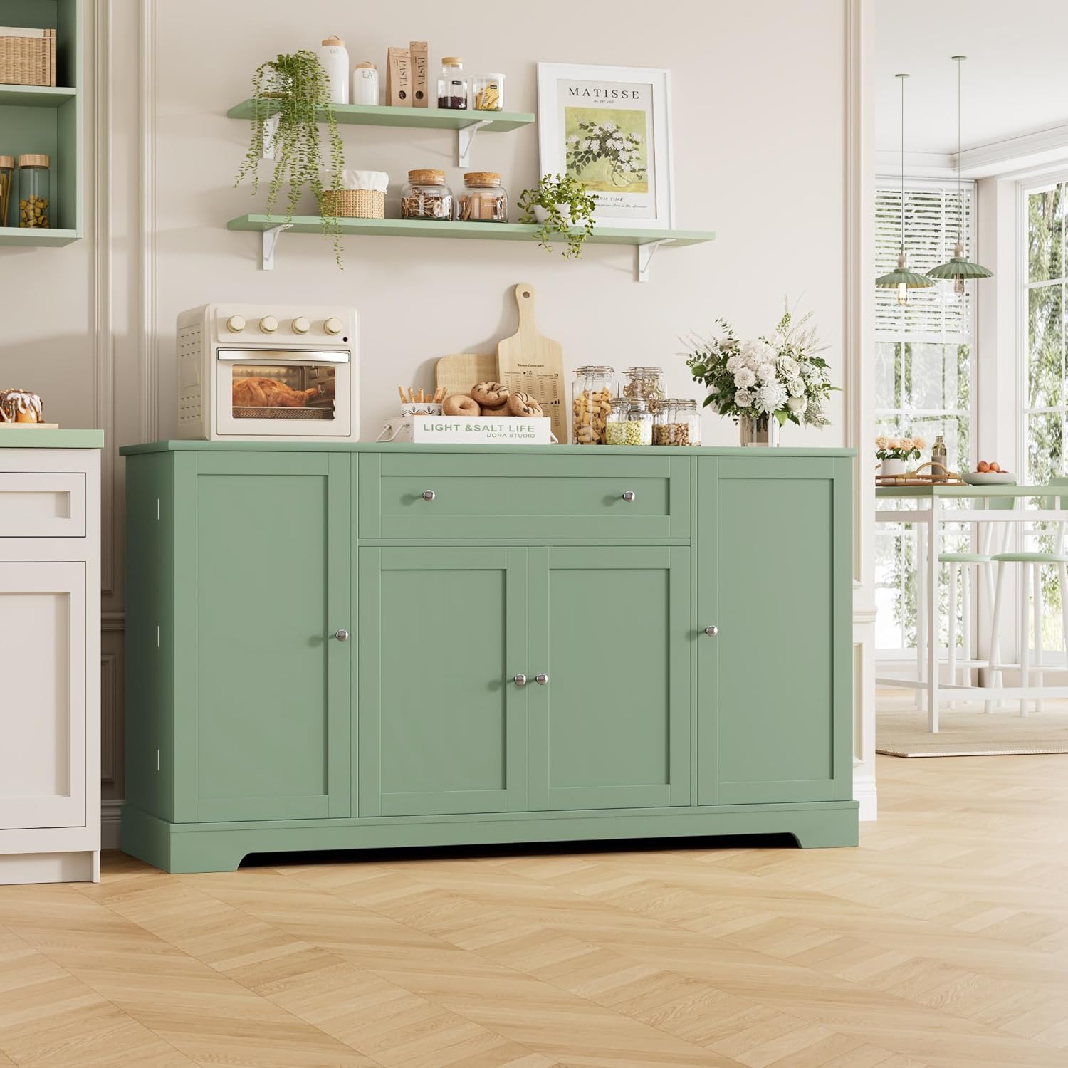 HITHOS 54" Buffet Cabinet with Storage, Modern Kitchen Buffet Sideboard with Drawer, Wood Coffee Bar Station with Adjustable Shelves, Kitchen Storage Cabinet for Living Room, Green