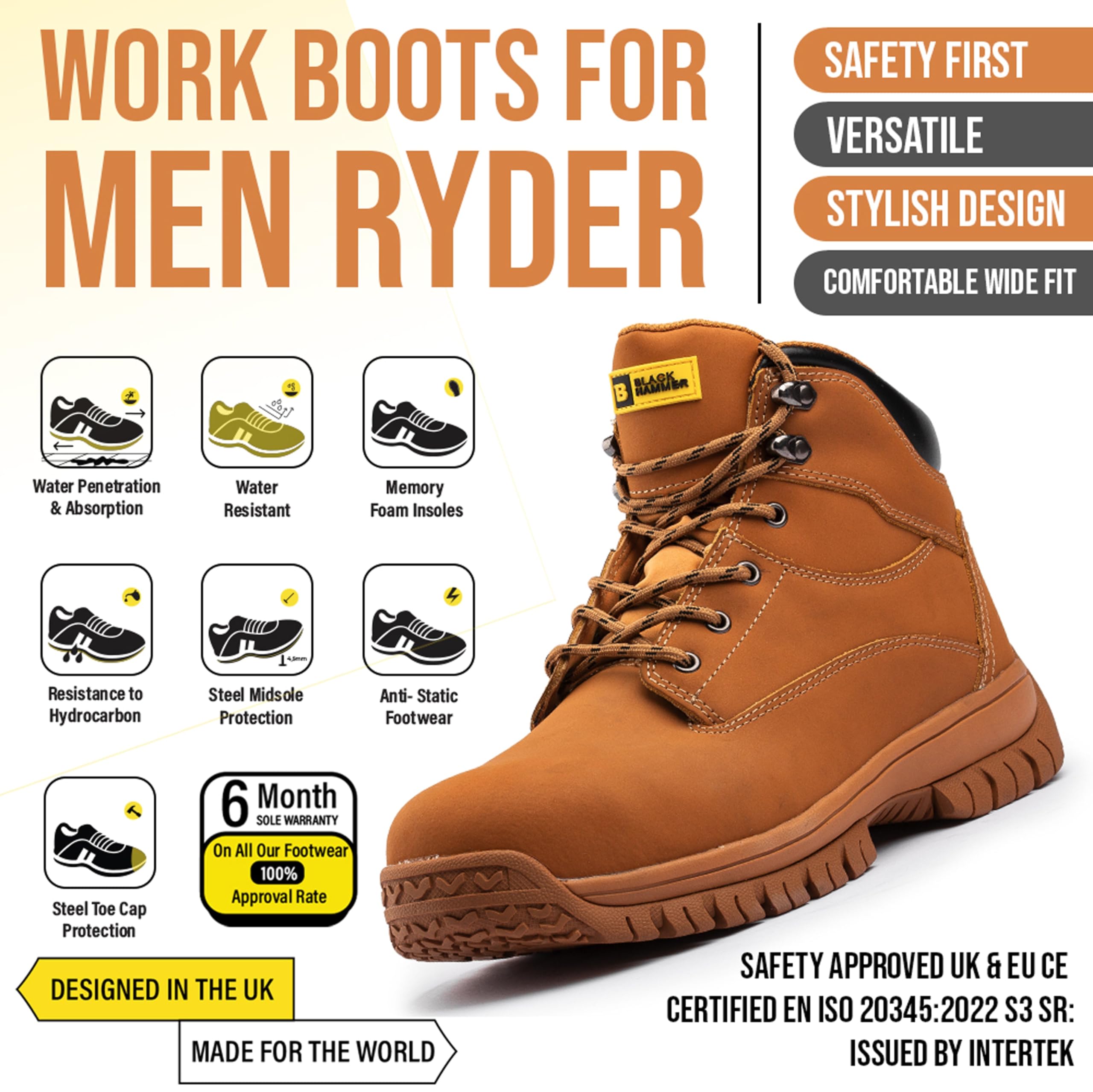 BLACK HAMMER Botas Seguridad para Hombre, Puntera de Acero, Antideslizantes, Piel de Ante, S3 SRC, Adecuado para Lugares de Trabajo y Almacenes, Calzado de Trabajo Ligero y Elegante Ryder (43 EU)
