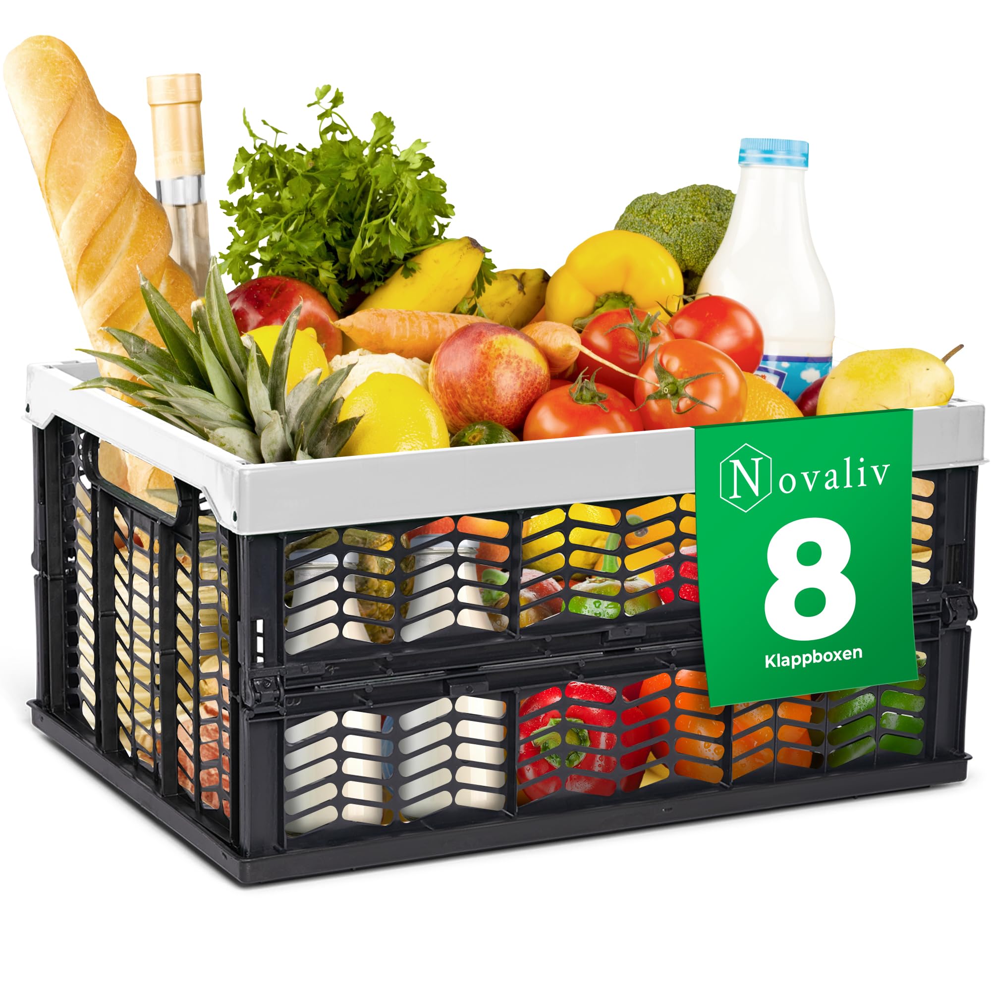Novaliv Scatole pieghevoli stabili, 8 x 30 l, grigio e nero, set di scatole per la spesa