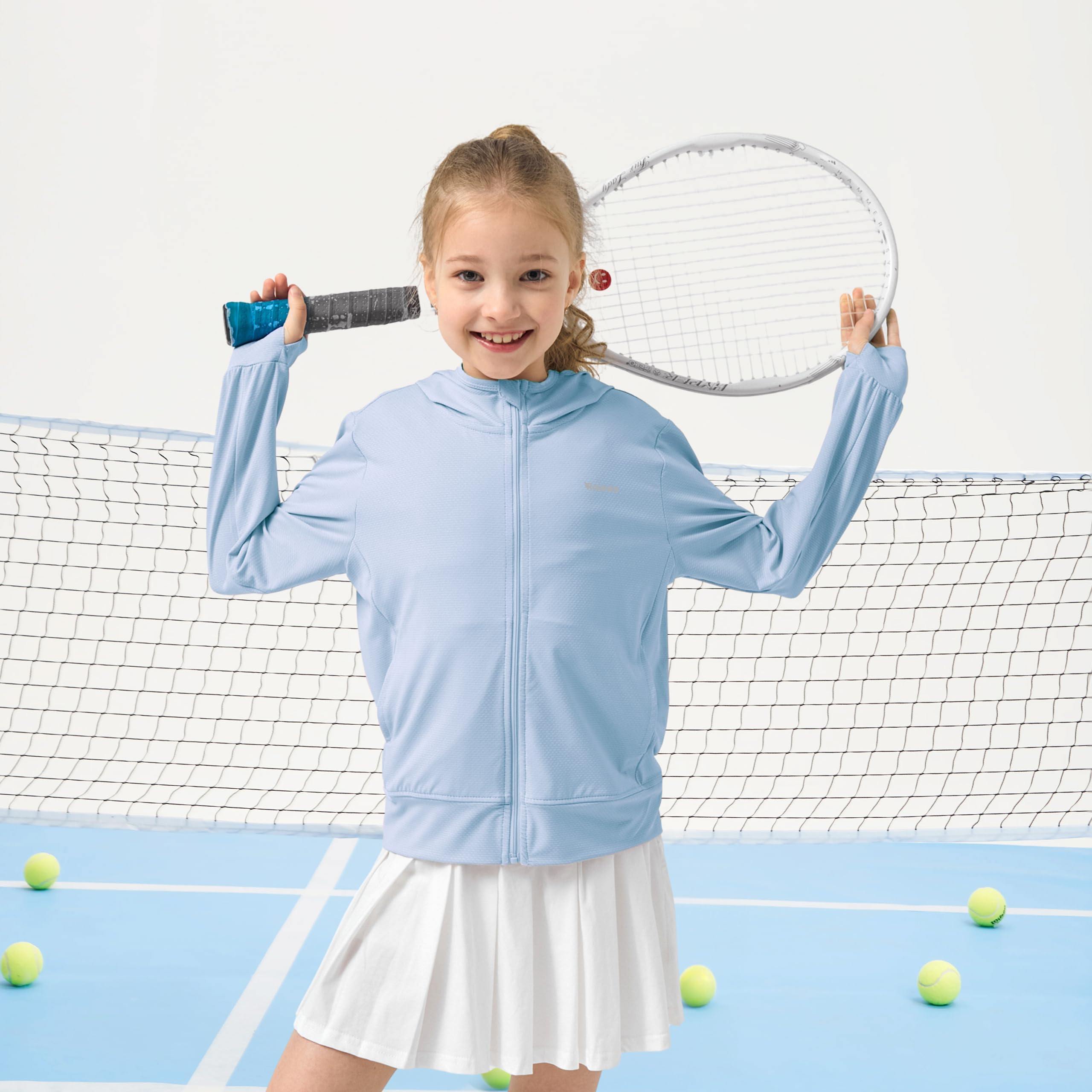 Rolanko Chaqueta de Verano para Niñas Agujeros para los Pulgares Manga Larga Protección Solar Secado Rápido Sudadera con Capucha y Cremallera Tops para Niños