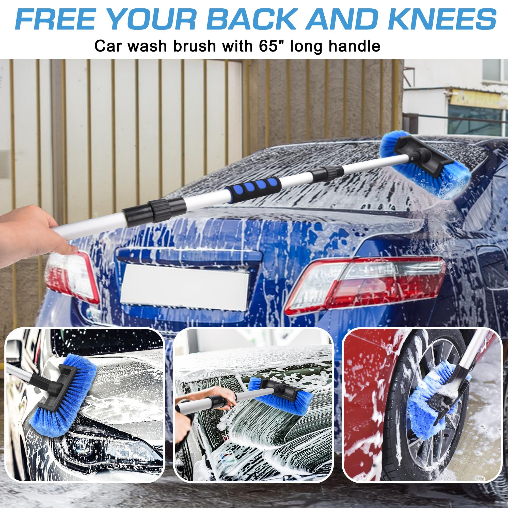Lezcufer Brosse de Lavage de Voiture de 165,1 cm avec Long Manche, Balai de Lavage de Voiture, Brosse de Lavage de Voiture à Poils Doux avec poignée Extensible et raccord de Tuyau pour Voiture, VUS