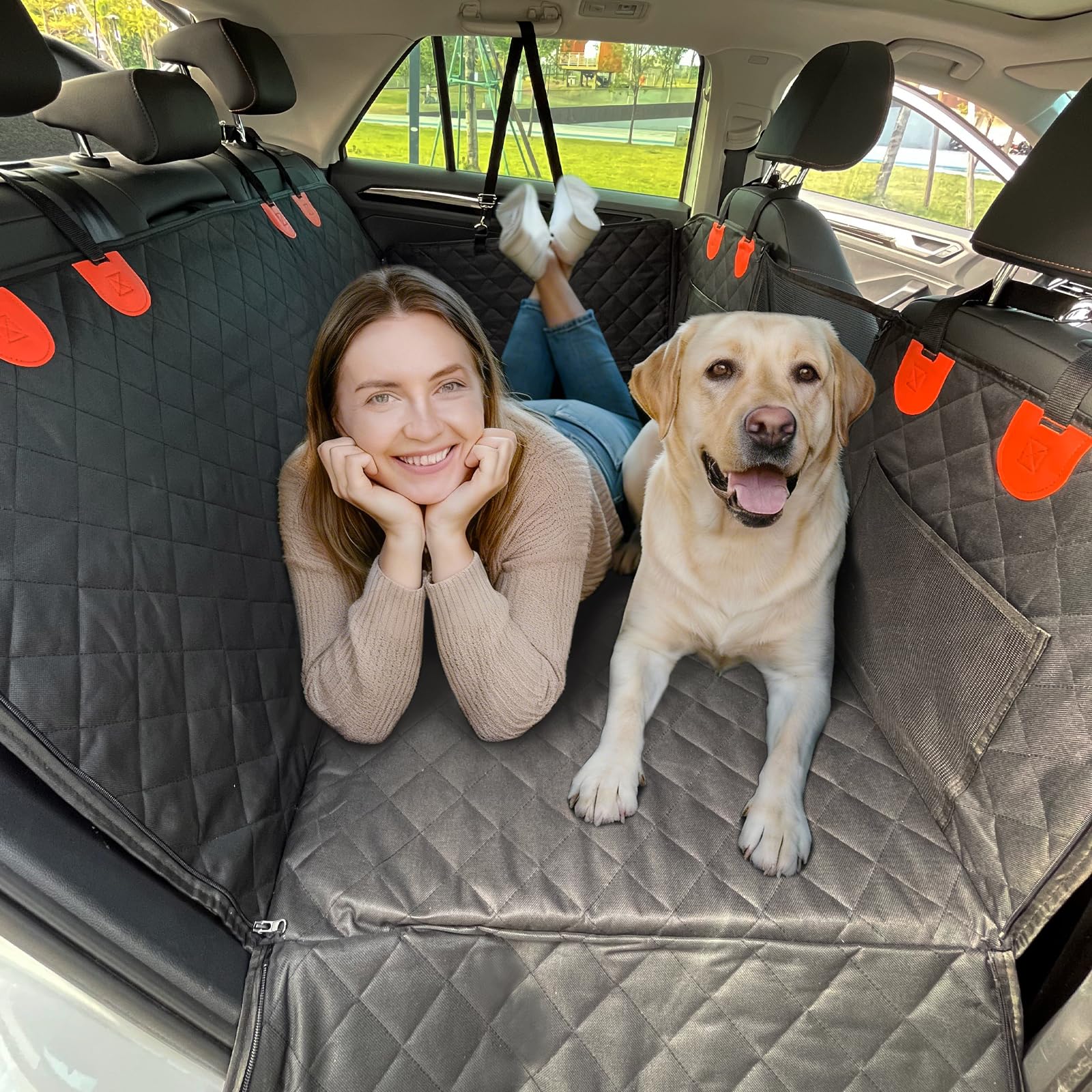 Hard Bottom Car Seat Cover for Dogs - 40% More Activity Space, Functions as Hammock and Flat Platform, Waterproof & Odorless, Non-Slip for Large Dogs, Fits Most Cars, Trucks, SUVs