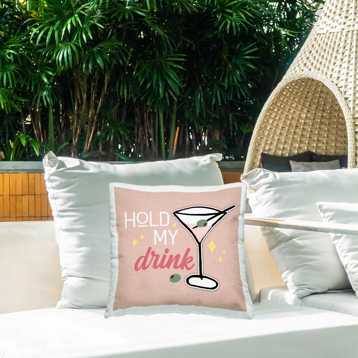 Stupell Industries Hold My Drink Phrase Outdoor Printed Pillow, 18 x 18, Beige