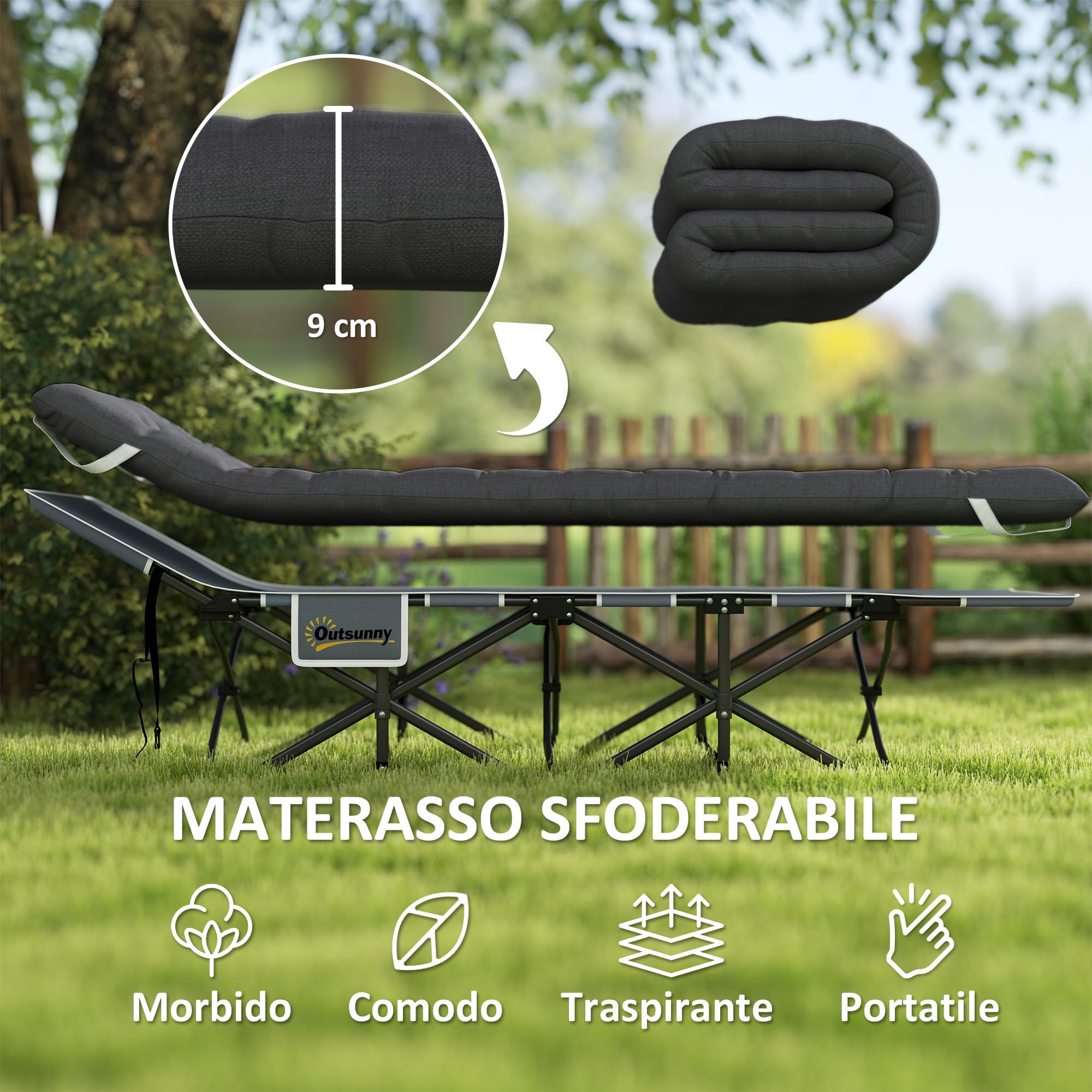 Outsunny Lettino da Campeggio Pieghevole con Poggiatesta Inclinato e Materasso Rimovibile, Brandina da Campeggio in Tessuto Oxford con Borsa da Trasporto, 68x186x37 cm, Nero