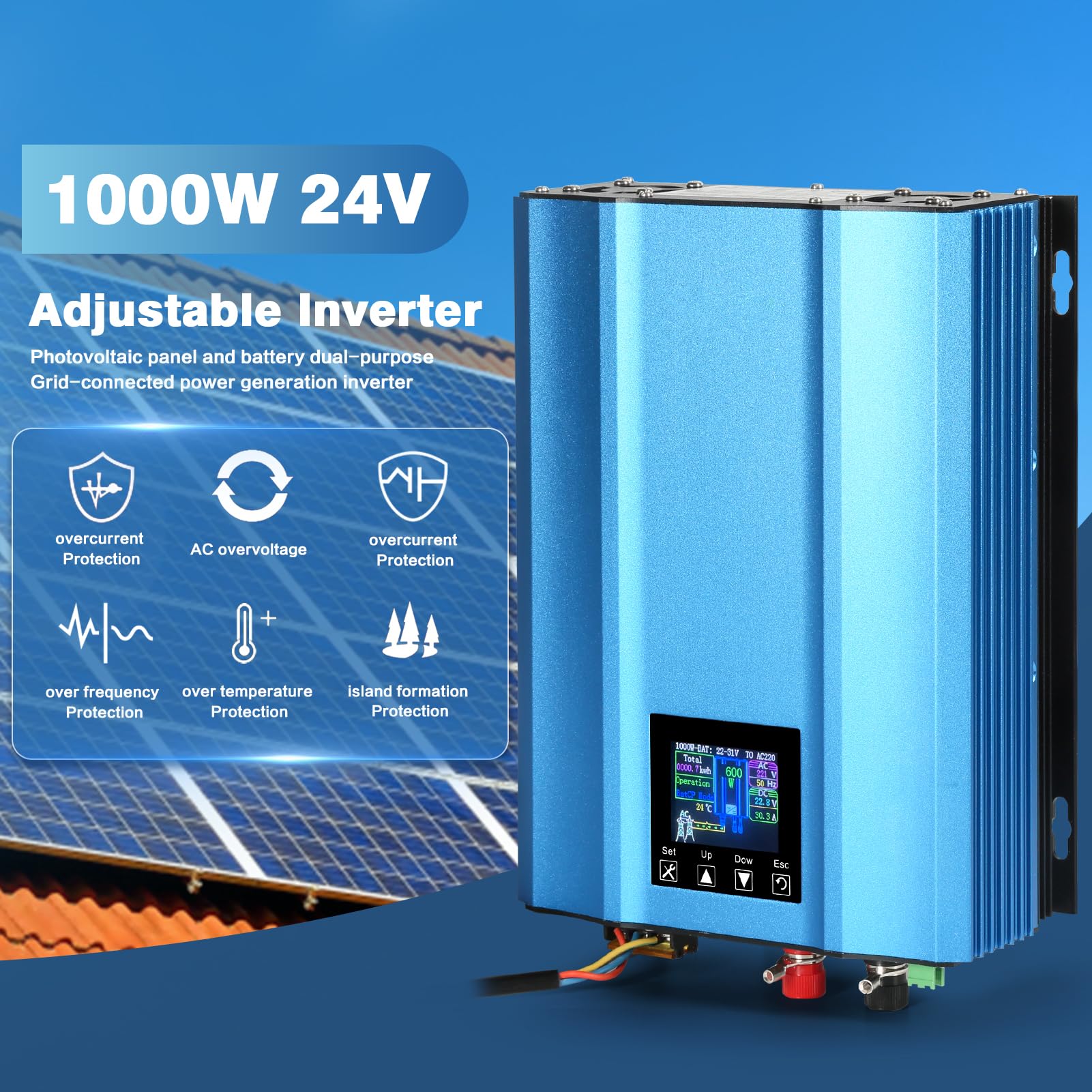 DEWIN Solare Inverter 1000W, Micro Inverter Fotovoltaico Inverter Grid Tie MPPT Micro Inverter 1000W Solar Grid Inverter di Rete per Pannelli Solari,Scarico della Batteria a 24V Regolabile AC 220V