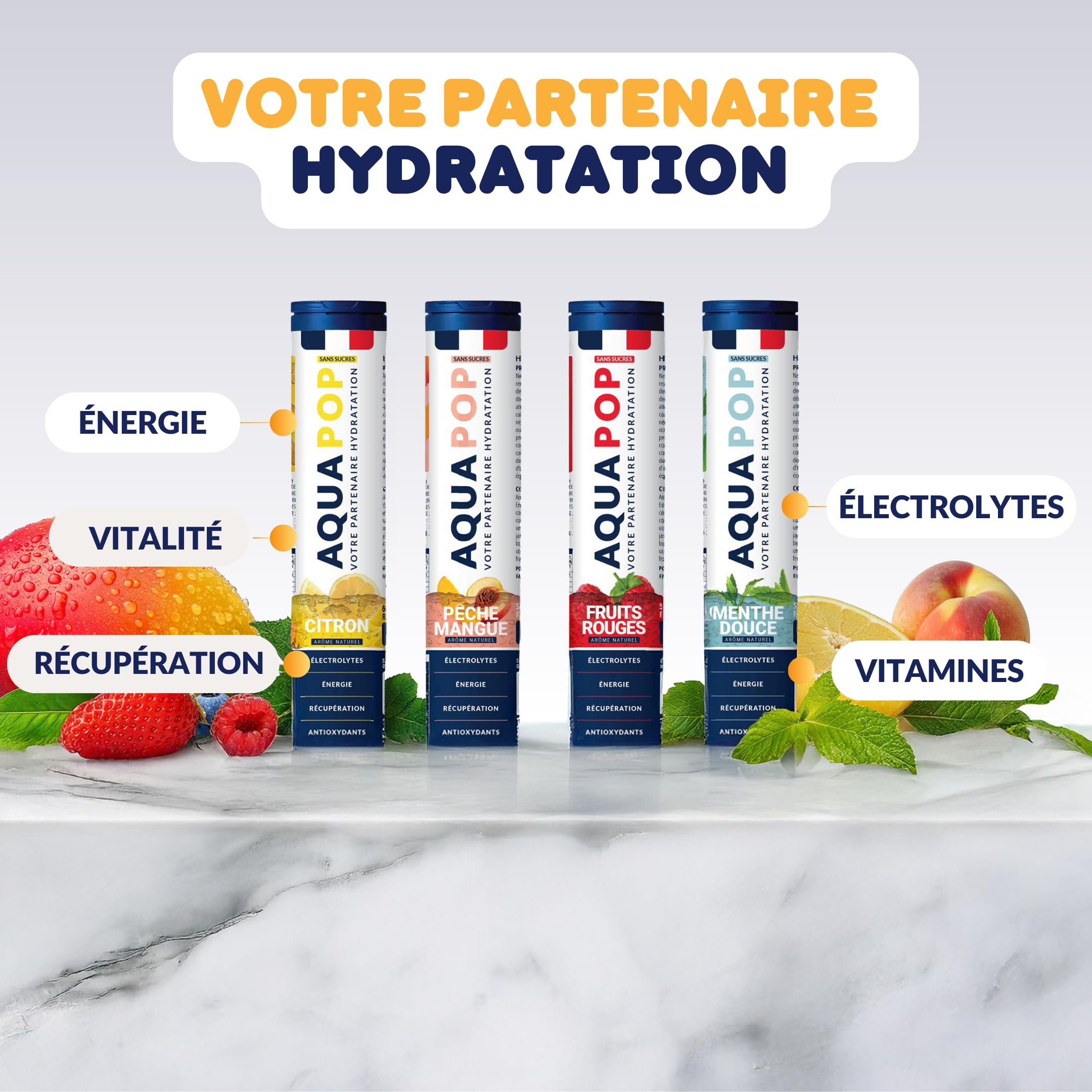 AQUAPOP - Pastilles électrolytes - Pack de 2 (Citron et Fruits Rouge) - Sans Sucres - Favorise l'hydratation et l'énergie - 20 Comprimés Minéraux et Vitamines - Sport & Bien-être - 2 Pack