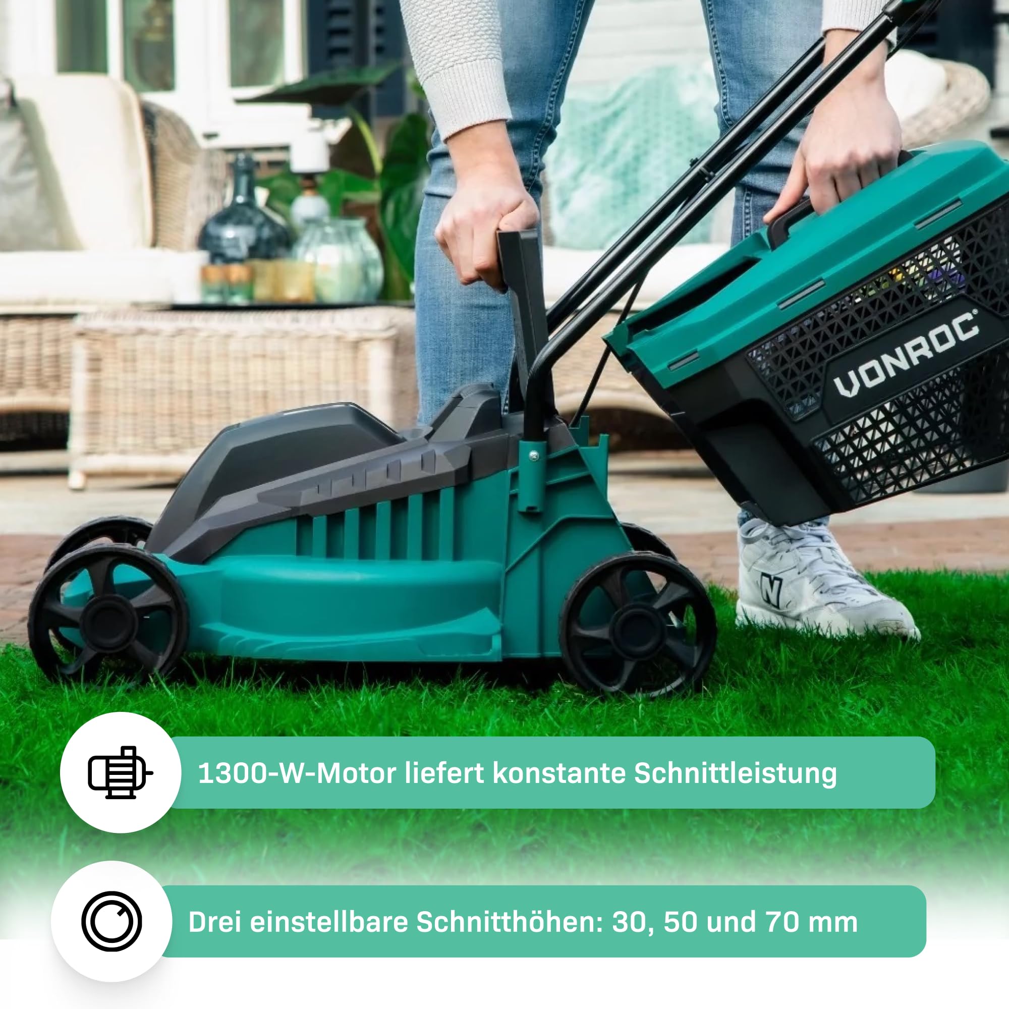 VONROC Rasenmäher Elektro 1300W 32cm Schnittbreite einstellbare Schnitthöhe 30-70mm