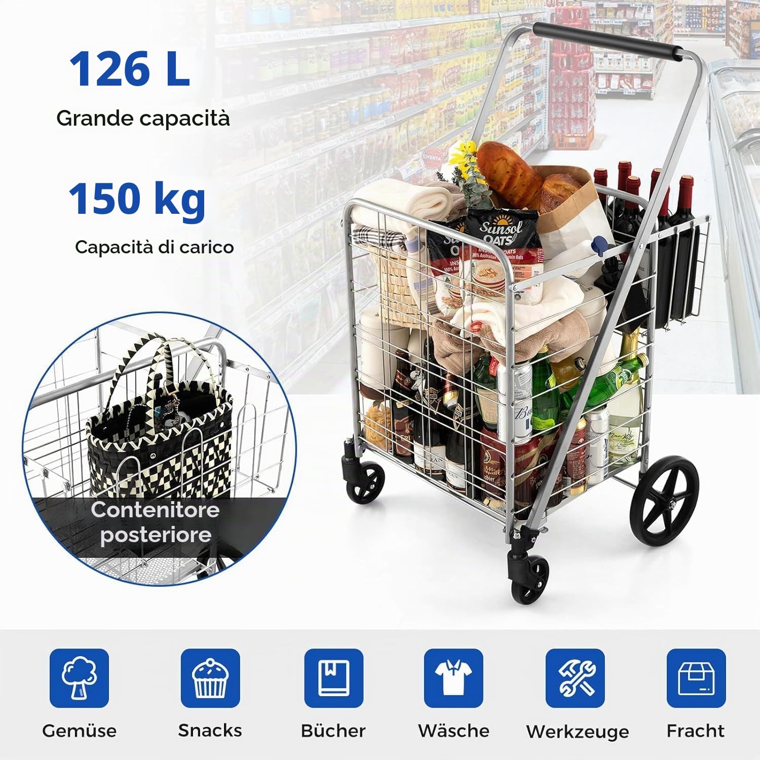 FANASK Carrello per la spesa pieghevole con borsa Oxford rimovibile e 2 cestini, argento su rotelle, carrello per la spesa, 150 kg, carrello multiuso