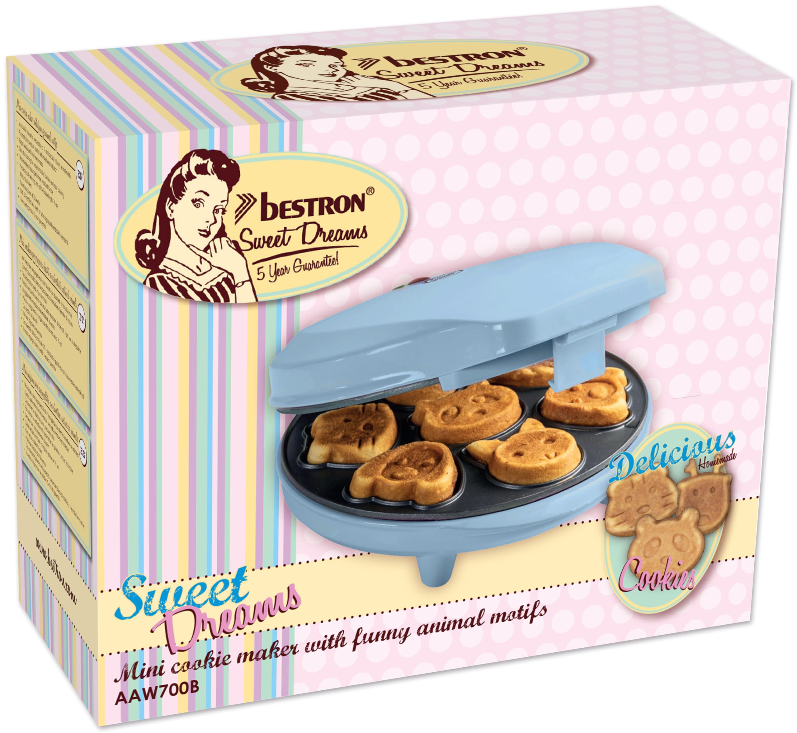 Bestron Waffle Maker con motivi di animali, piastra per Waffle mini biscotti a cialda, indicatoro luminso & rivestimento antiaderente, 700 watt, colore: Blu