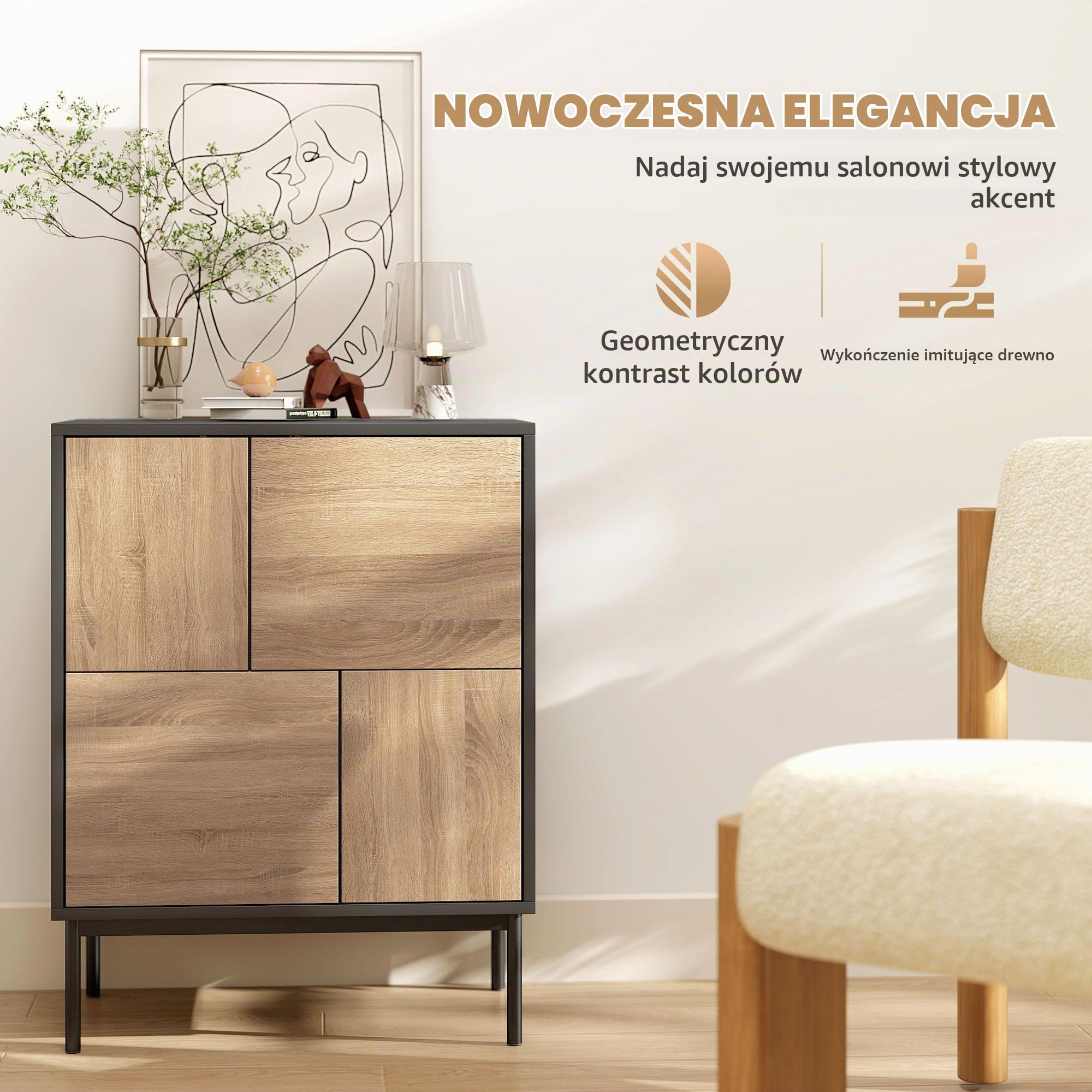 HOMCOM Sideboard z drzwiami PTO 60x35x75cm Czarny+Naturalne drewno