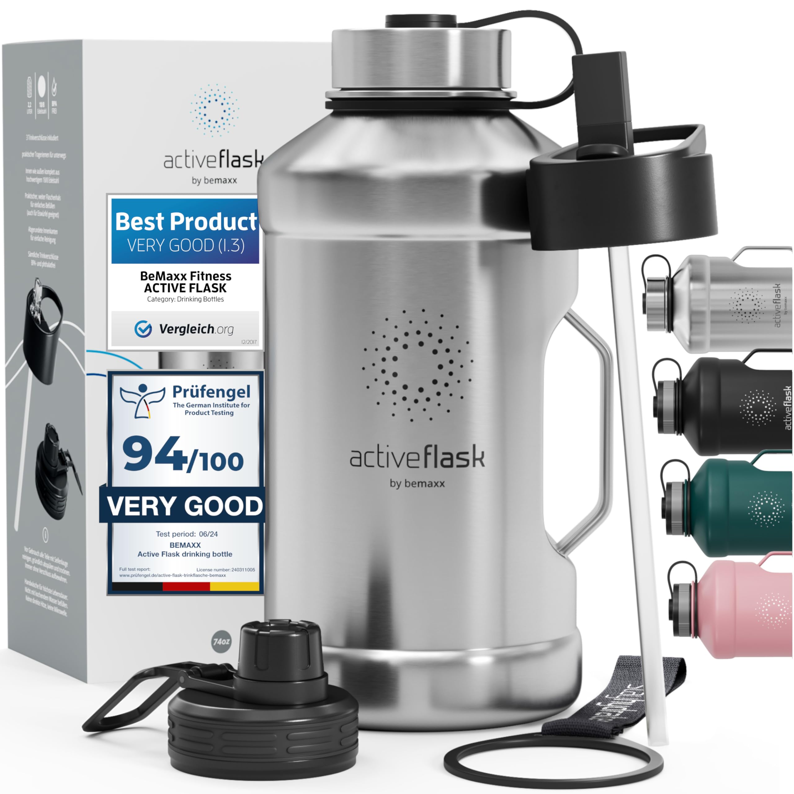 Borraccia in acciaio inox Active Flask + cannuccia (3 tappi) | 1,3/2,2 litri bottiglia sportiva senza BPA a prova di perdite per bibite gassate, 2l XL bottiglie Sport Outdoor Palestra Acqua
