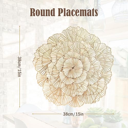 Miniatura 3 de Juego de 6 manteles individuales redondos, diseño de hojas de ginkgo doradas, material de vinilo, 15 pulgadas de diámetro, lavables,