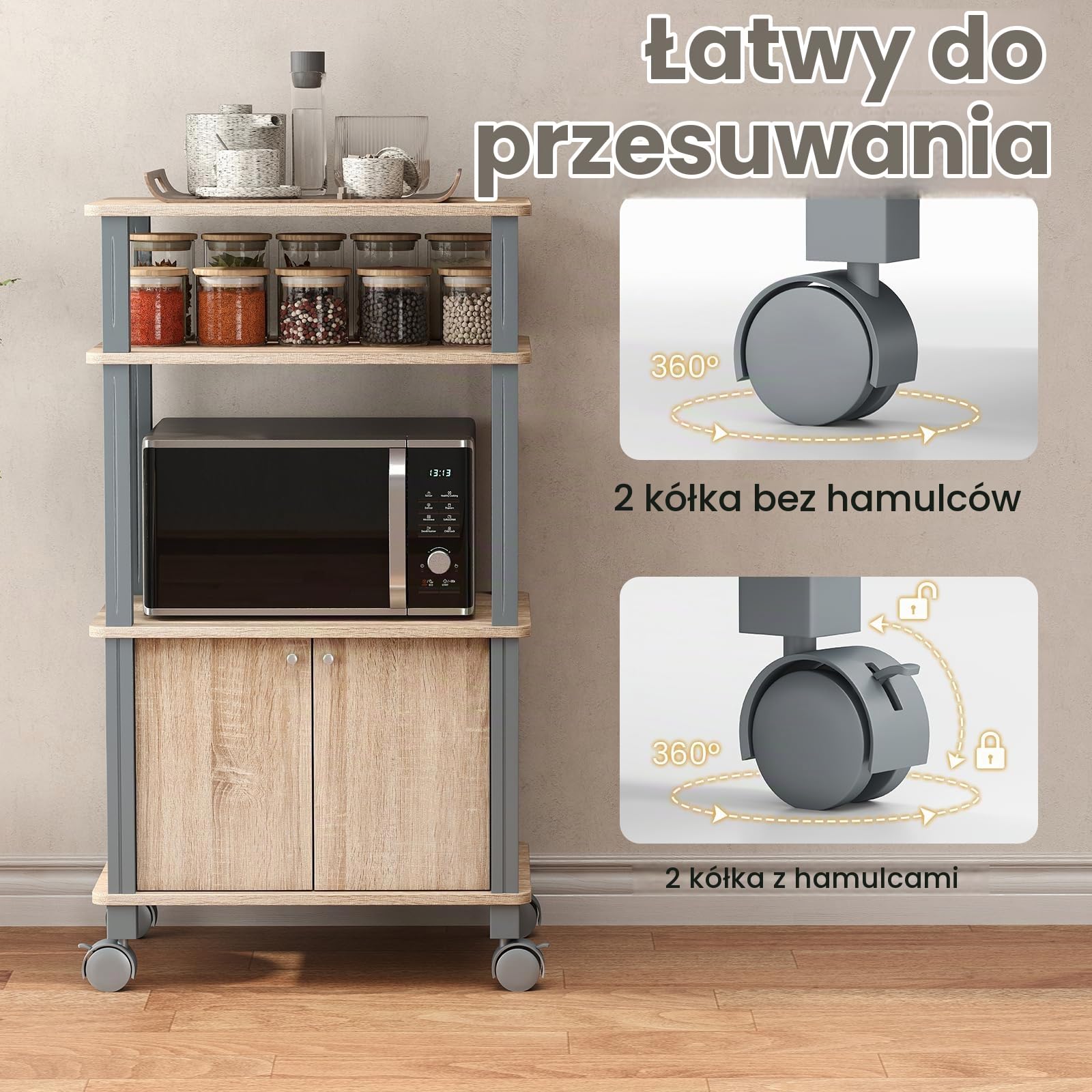 COSTWAY Regał kuchenny na kółkach, wózek kuchenny z półkami i szafką, regał stojący do kuchni i jadalni, wózek do serwowania, do kuchenki mikrofalowej, regał pomocniczy, wózek na kółkach, 60 x 40 x 98