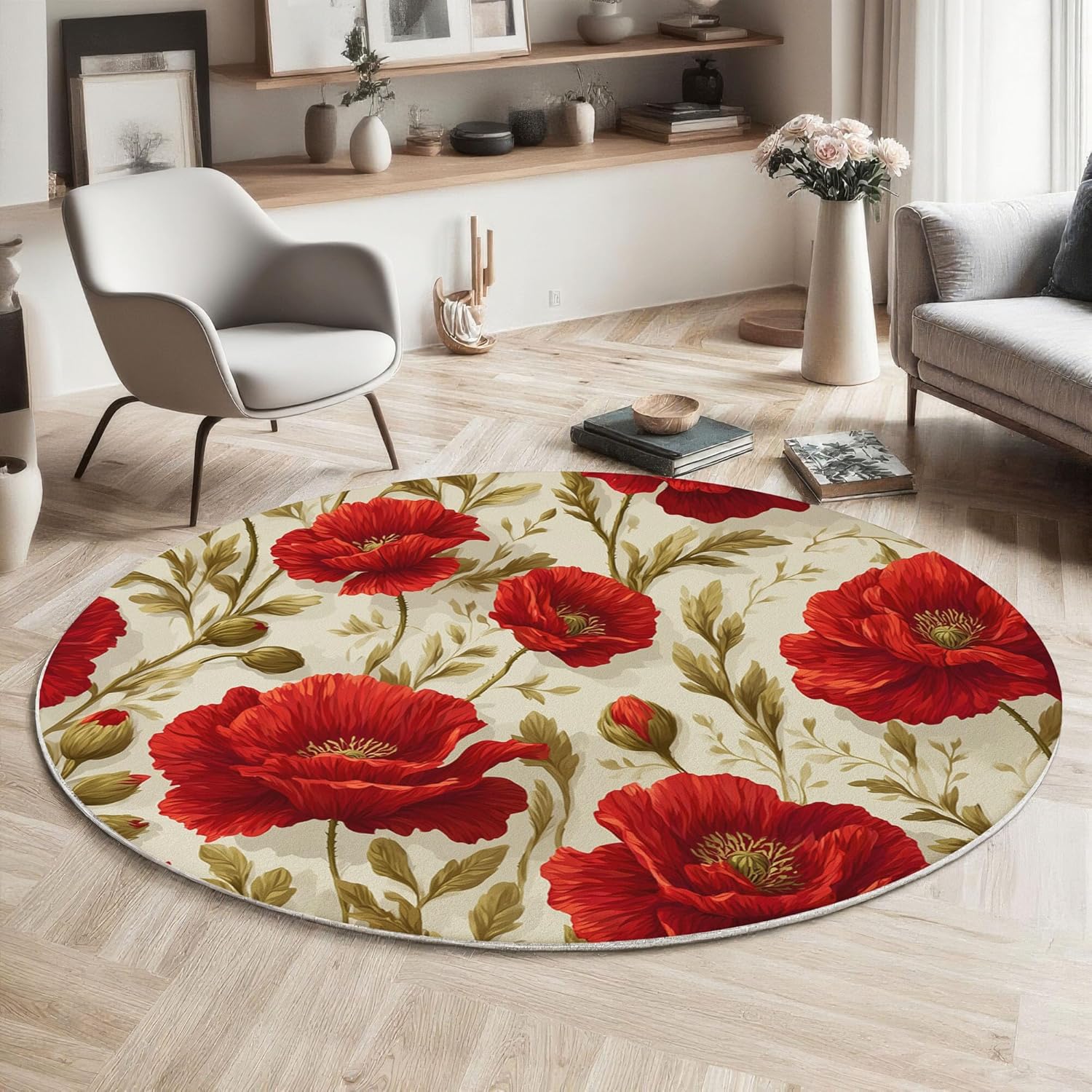 Poppy Fields Round Rug 3ft Short Pile Area Rug with Non-Slip Backing Country Style Super Soft Circle Rugs Machine Washable Floor Mat for Entryway Living Room Bedroom, Red