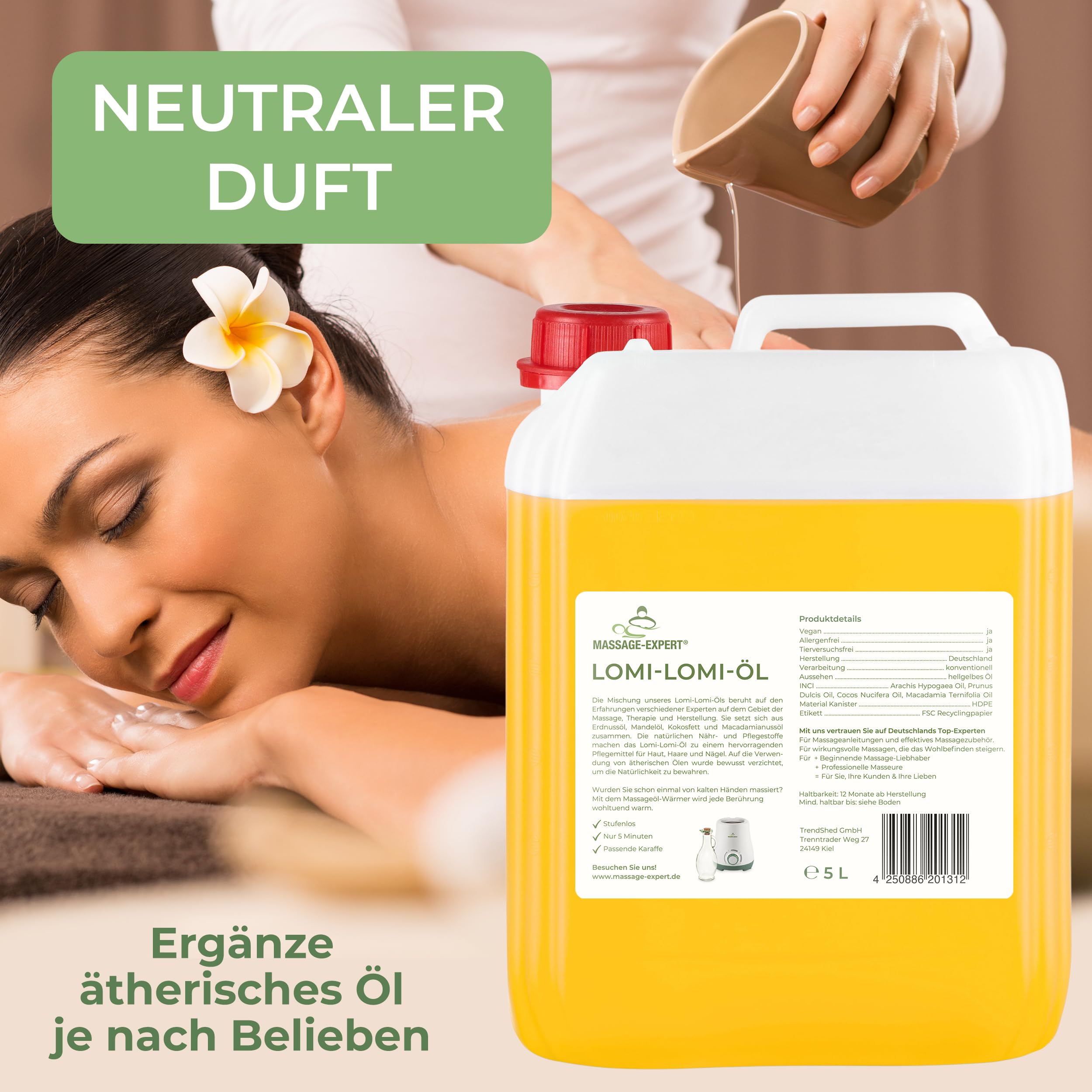 MASSAGE-EXPERT Lomi-Lomi-Massageöl – für die traditionelle Lomi-Lomi-Nui Massage, Ölmischung für hohe Gleiteigenschaften und natürliche Hautpflege (5 Liter HDPE-Kanister)