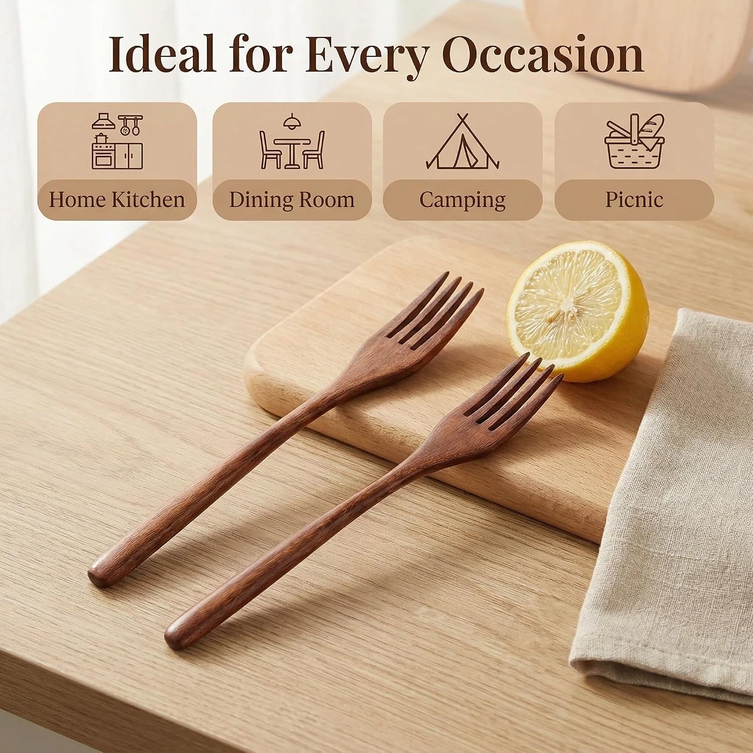 Eco-Friendly Japanese Wooden Salad Forks Set - 5PCS Reusable Cooking Forks, Handmade Natural Wood Flatware for Cooking Stirring and Eating