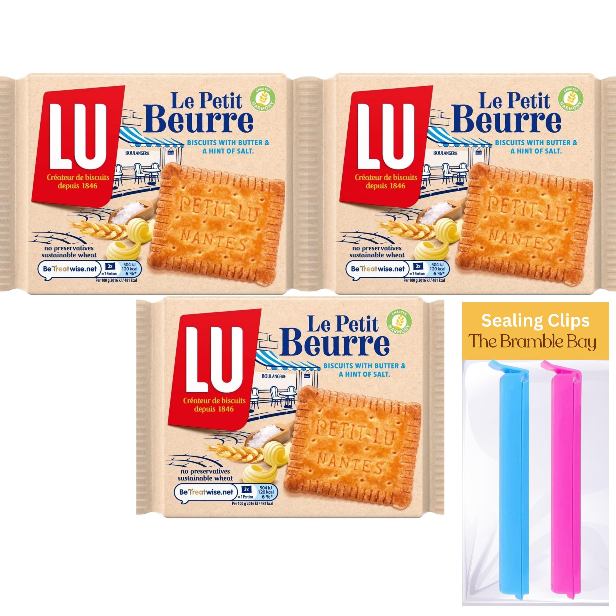 French Biscuits bundle contains Lu Le Petit Beurre, Pack of 3 X 167g, Sealing Clips x2