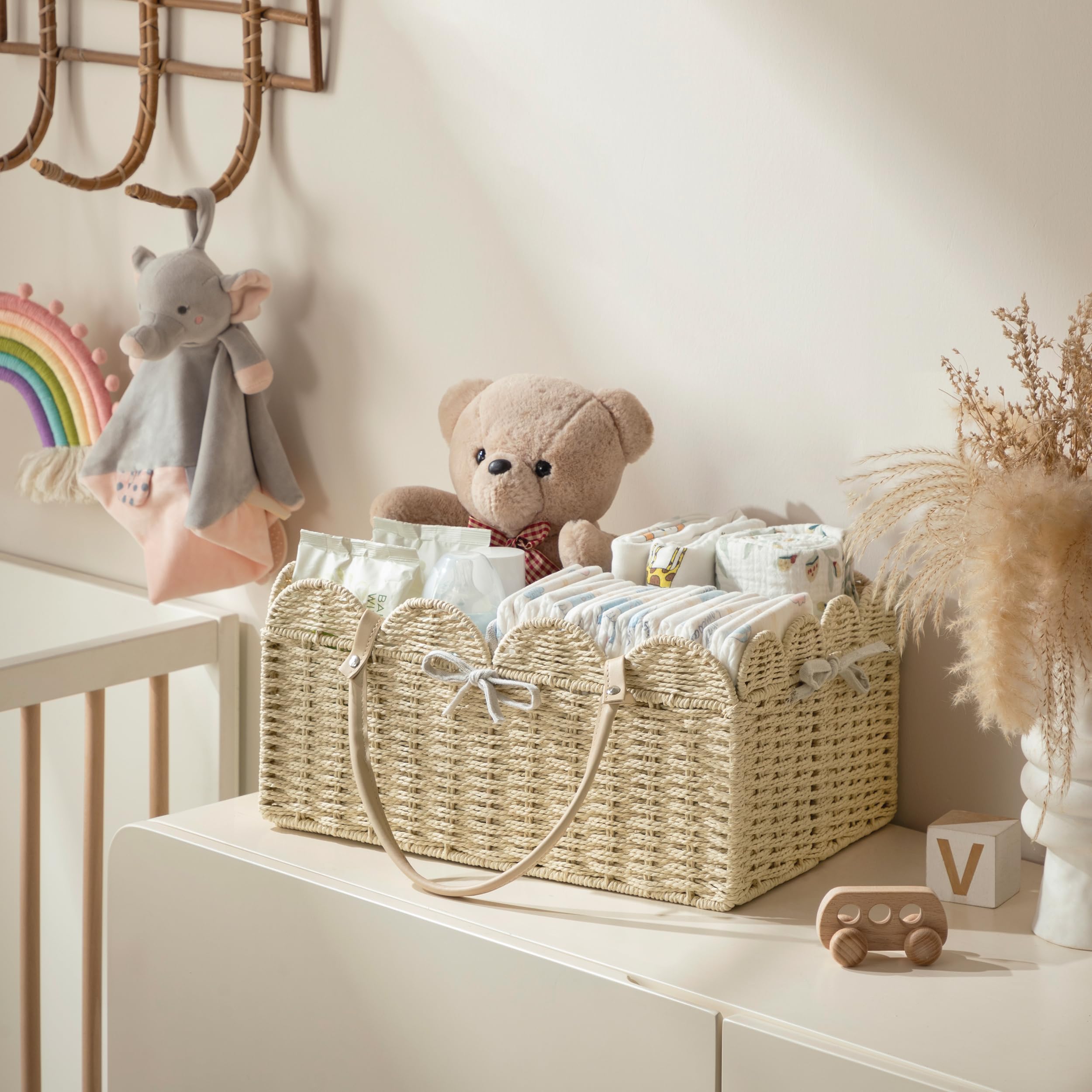 HBlife Organizador de pañales grande para bebé, cestas de almacenamiento de cuerda de papel con divisor extraíble, organizador portátil de coche para pañales, regalos de baby shower, artículos