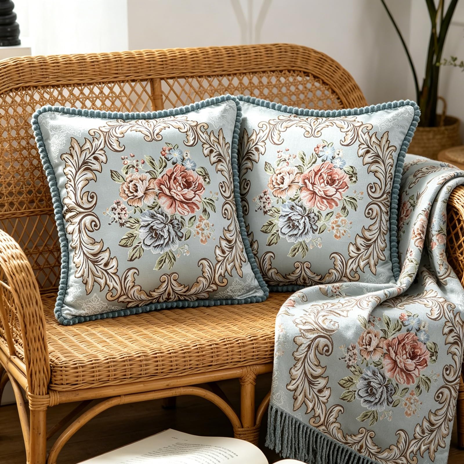 Set di 2 federe per cuscini ricamate vintage per divano, cuscini Euro Sham per letto auto (blu)