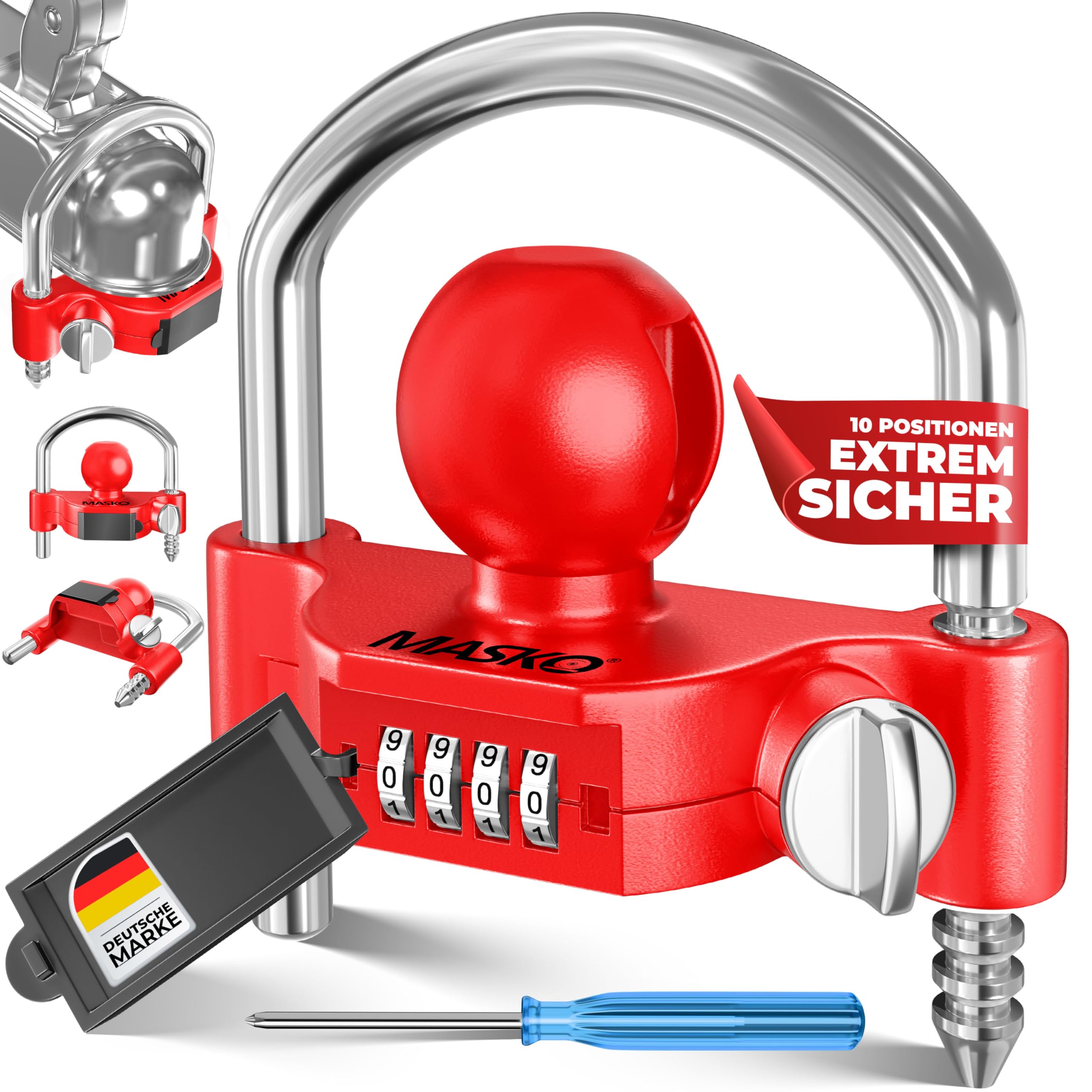MASKO® Anhängerschloss Zahlenschloss mit 4 Stellig Code für gängige Anhängerkupplung Anhängerkugelsperrkupplung einfache Montage Diebstahlschutz Wohnwagen Anhänger Abschleppsperre Stahlbügel Rot