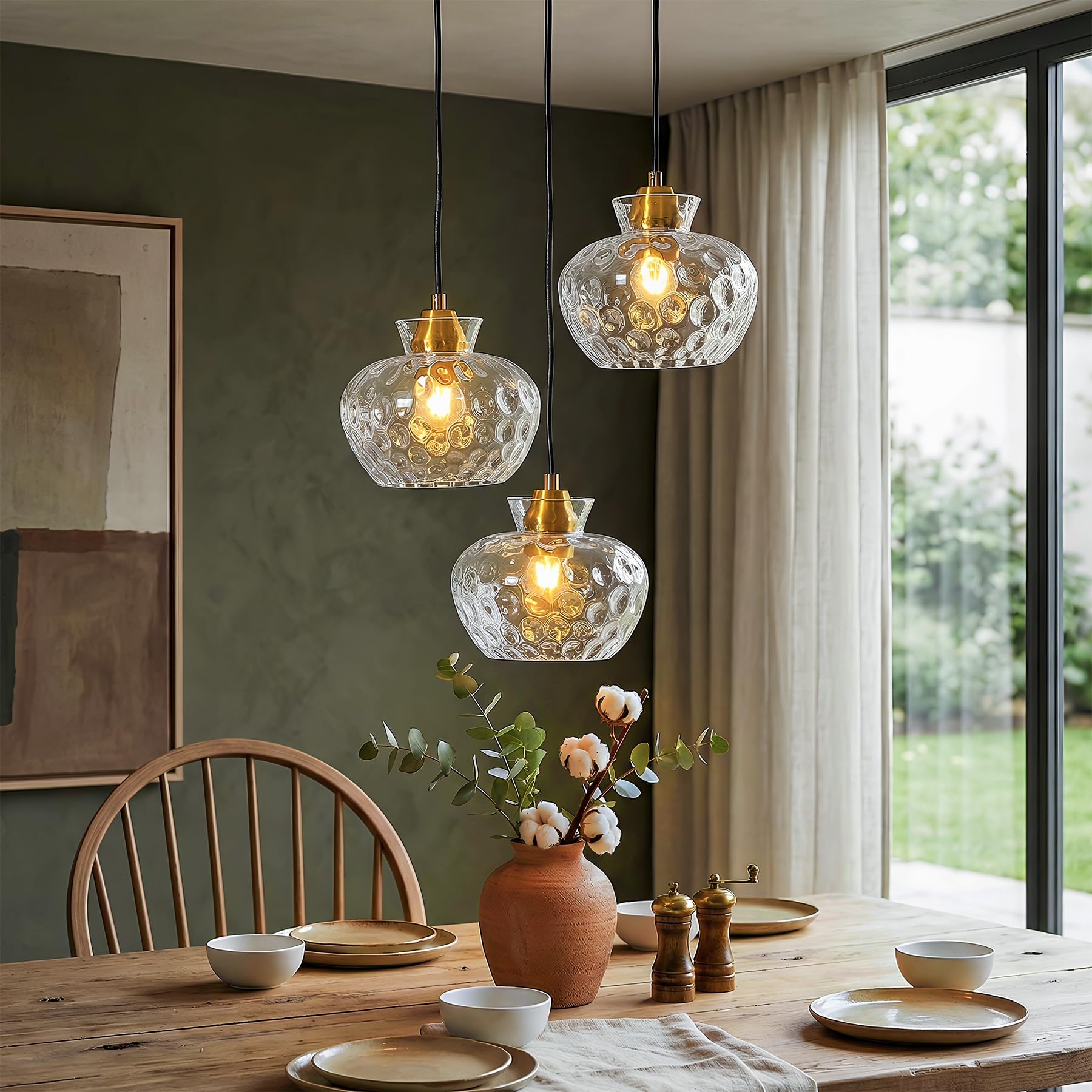 Tribesigns Pendelleuchte 3 Flammig, Vintage Hängelampe mit Wasserriffel Glas, Höhenverstellbare Hängeleuchte Esstisch, E27 Glas Pendelleuchte für Esszimmer, Küche, Wohnzimmer, Schwarz