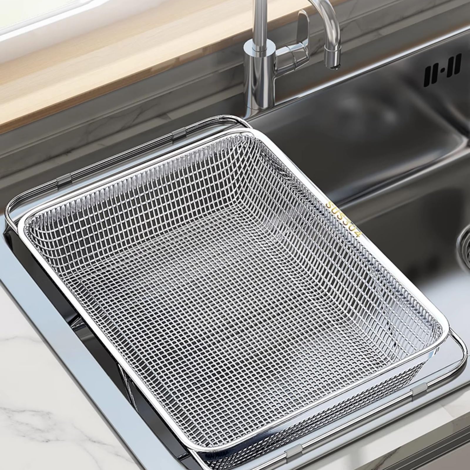 Escurreplatos extensible de acero inoxidable con asas, cesta escurridora de cocina que ahorra espacio para platos, cuencos y frutas, material 304