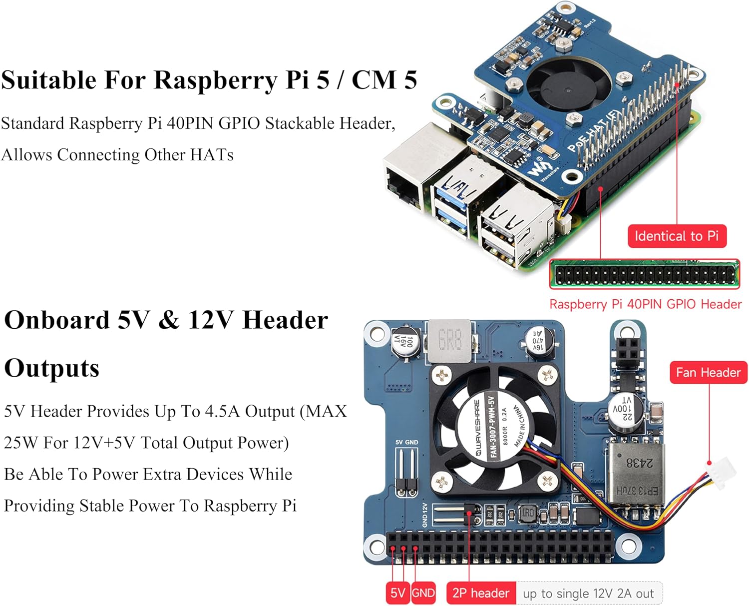 Power Over Ethernet HAT PoE HAT with Metal Heatsink for Raspberry Pi 5, Onboard Cooling Fan, Supports 802.3af/at Network, 12V and 5V Power Outputs Easy for More Peripherals