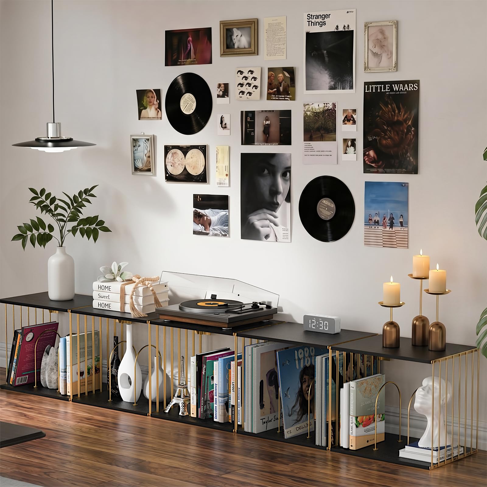 kroucoco Supporto per dischi in vinile da parete, a 3 scomparti, in metallo e legno, per album, file, CD, riviste, può contenere fino a 80 dischi (oro e nero)