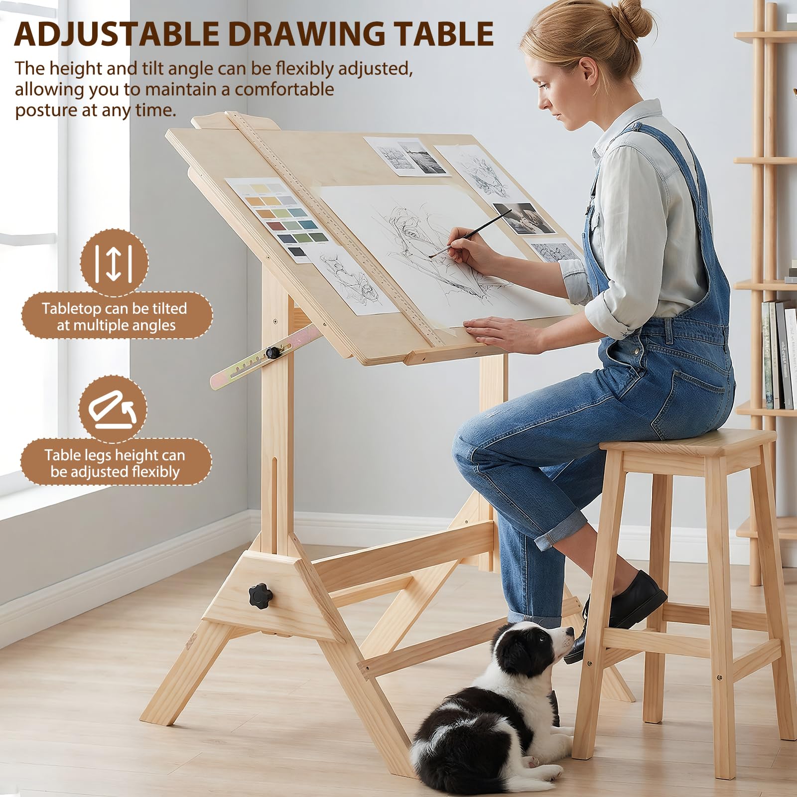 Table de dessin en bois massif, 60 x 90 cm, inclinable et réglable en hauteur, poste de travail pour studio d'art, peinture et écriture multifonction pour graphisme, architecte et artiste (#01)