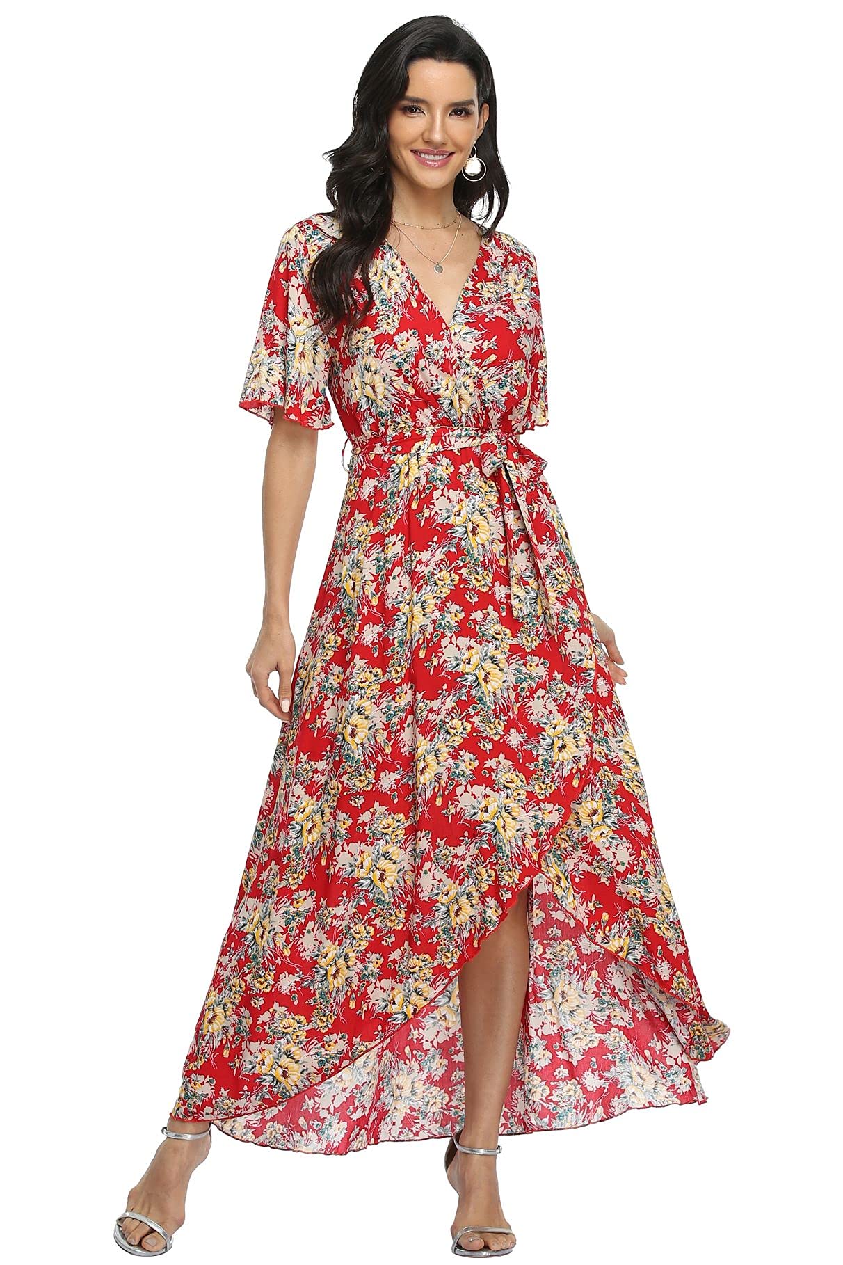 VintageClothing Women's Wrap V Neck Floral Summer Dresses High Low Casual