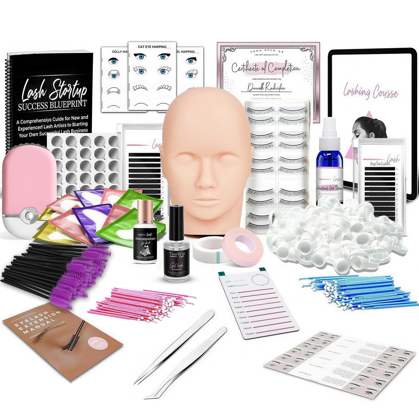 Kit Extensión de Pestañas Profesional Completo - Incluye Maniquí de Práctica Realista, Ventilador USB, Pinzas, Pegamento- Set Ideal para Principiantes y Técnicos de Pestañas