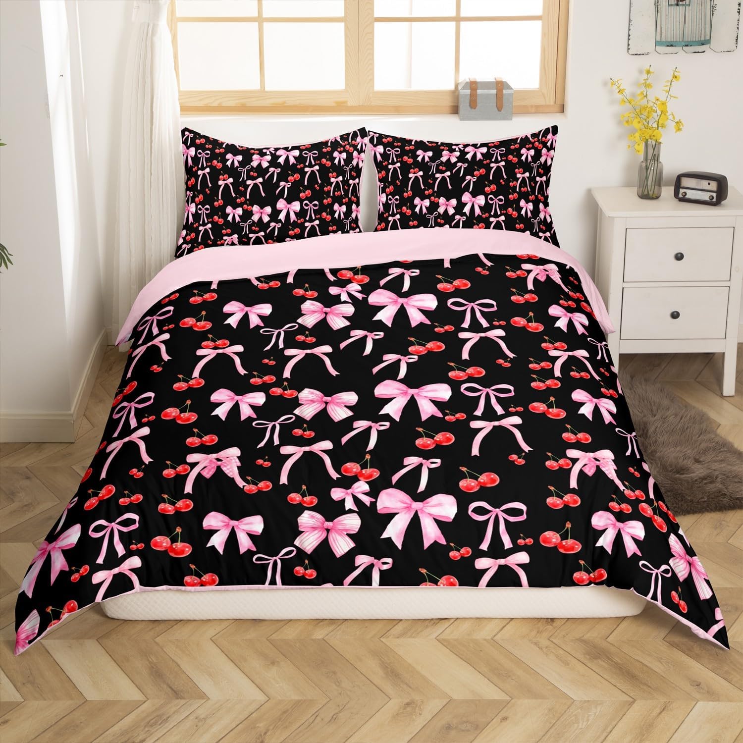 Feelyou Pink Bow Bedding Set Twin Size Western Bow Boots Duvet Cover for Boys Girls Teens Bedroom Decor Watercolor Bow Comforter Cover Set Women Men Cute Star Print Bedspread Cover with 1 Pillow Case