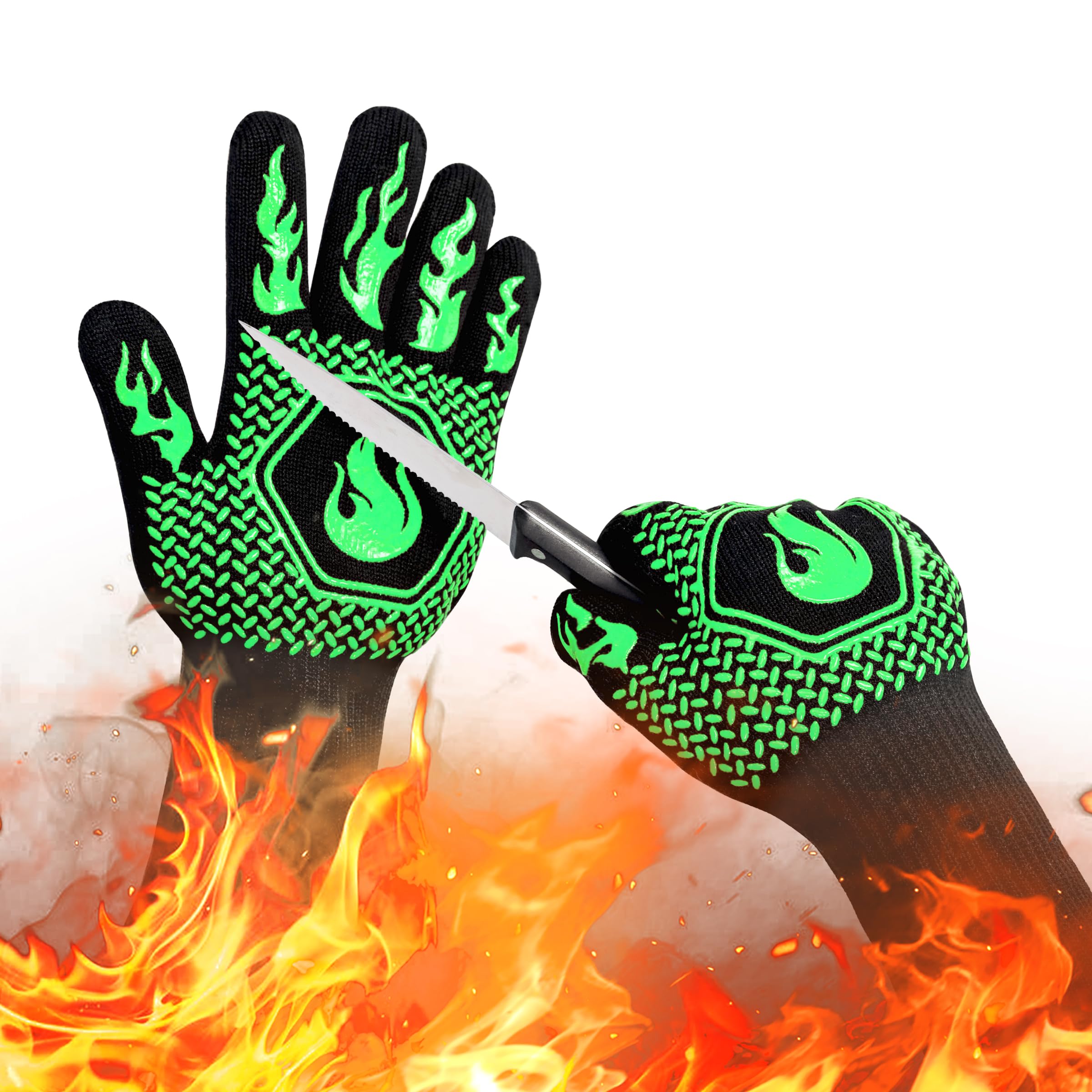 BBQ Gloves 1472F Heat Resistant Non-Slip Silicone 13.5in (Green)