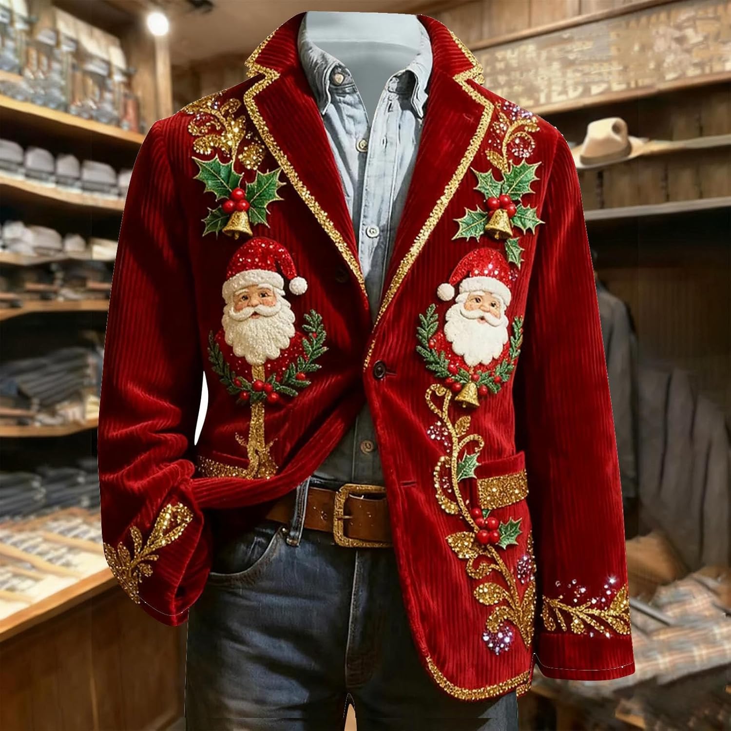 Christmas Suit for Men Ugly Lightweight Xmas Printed Blazer Casual One Button Holiday Party Fit Jacket with Pockets - Image 6