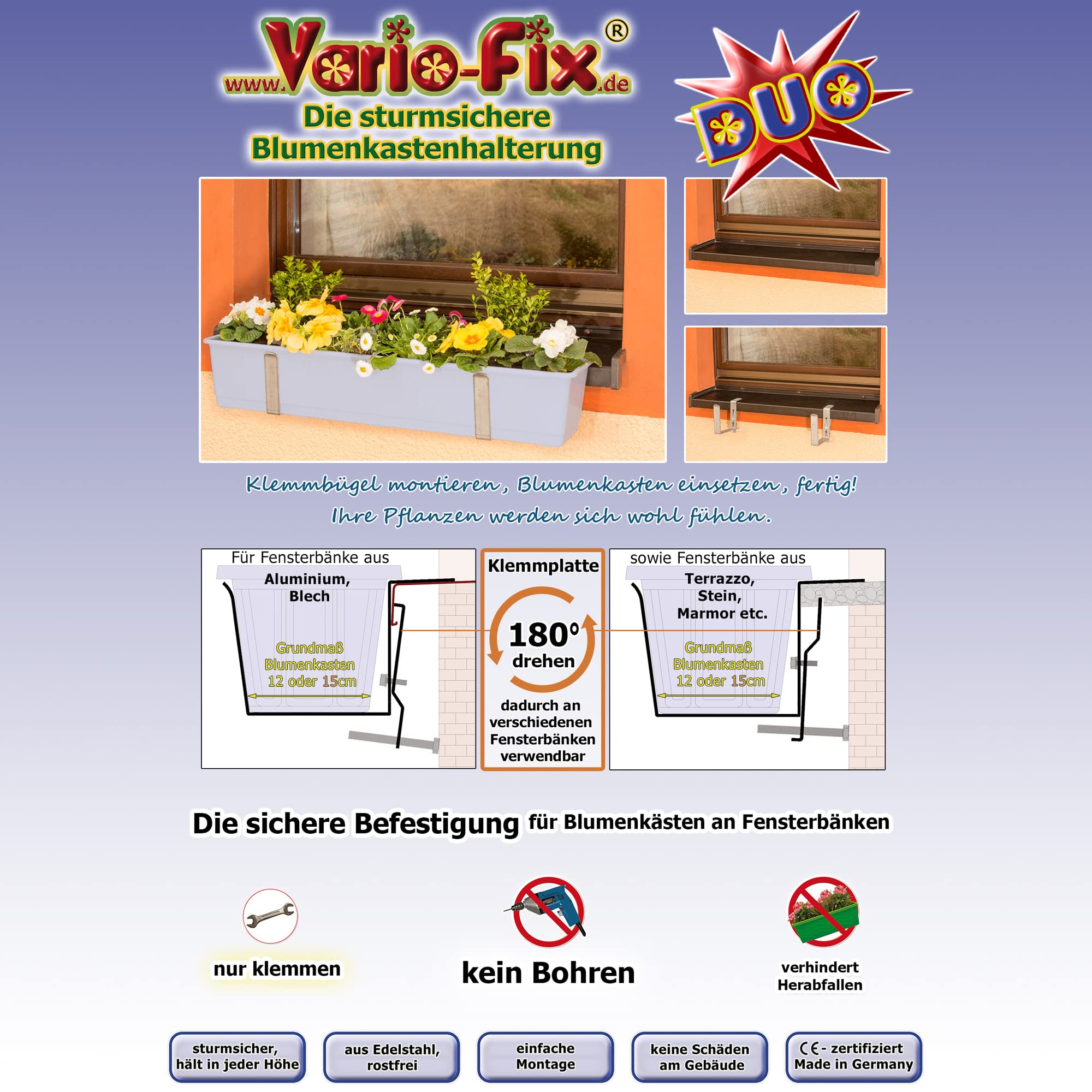 Vario-Fix - sturmsichere Blumenkasten Halter - DUO, fr die Montage vor der  Fensterbank (15): Amazon.de: Garten