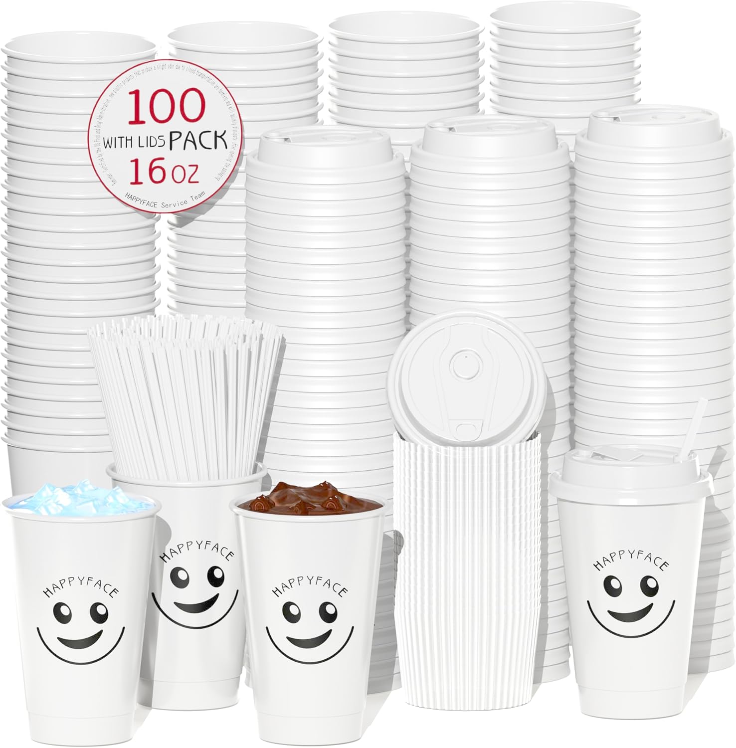 HAPPYFACE 100 Pack, 16 oz Disposable Coffee Cups, Double Wall, Iced coffee, Smoothie, Cold or Hot Drink Cups, with Lids, Sleeves, Stirring Straws, Suitable for Home, Party, Office and Travel (White)