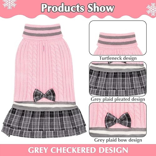 Miniatura 3 de PAWCHIE Vestido suéter para perro con corbatín, suéter de punto de cuello alto para perros pequeños y niñas, suéter de clima frío con agujero para