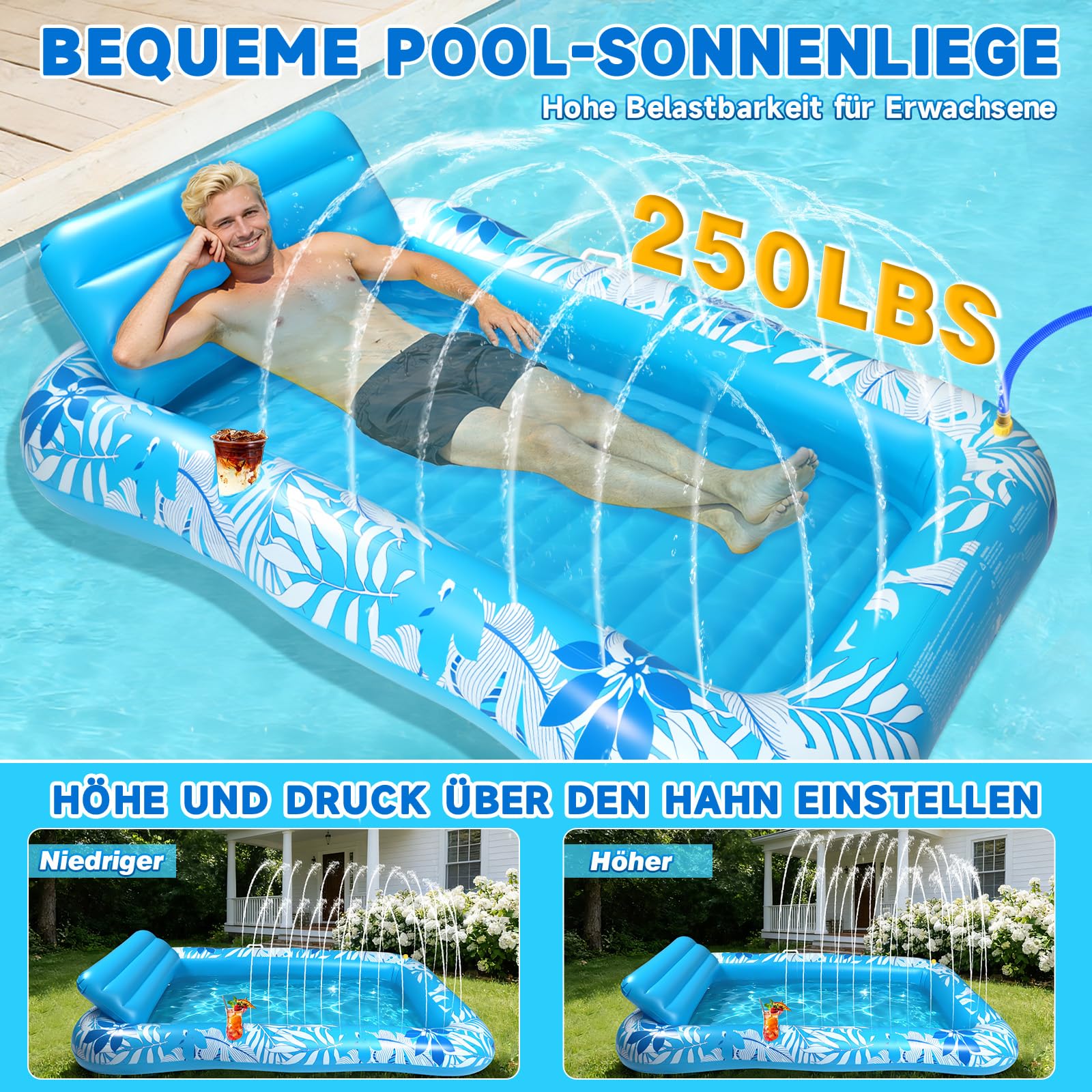 Colchonetas Piscina Adultos, Flotador Inflable Piscina Aspersor 210 × 130 cm, Colchoneta Hinchable Piscina - Cojines & Posavasos, Tanning Pool Piscina, Jardín, Césped, Playa