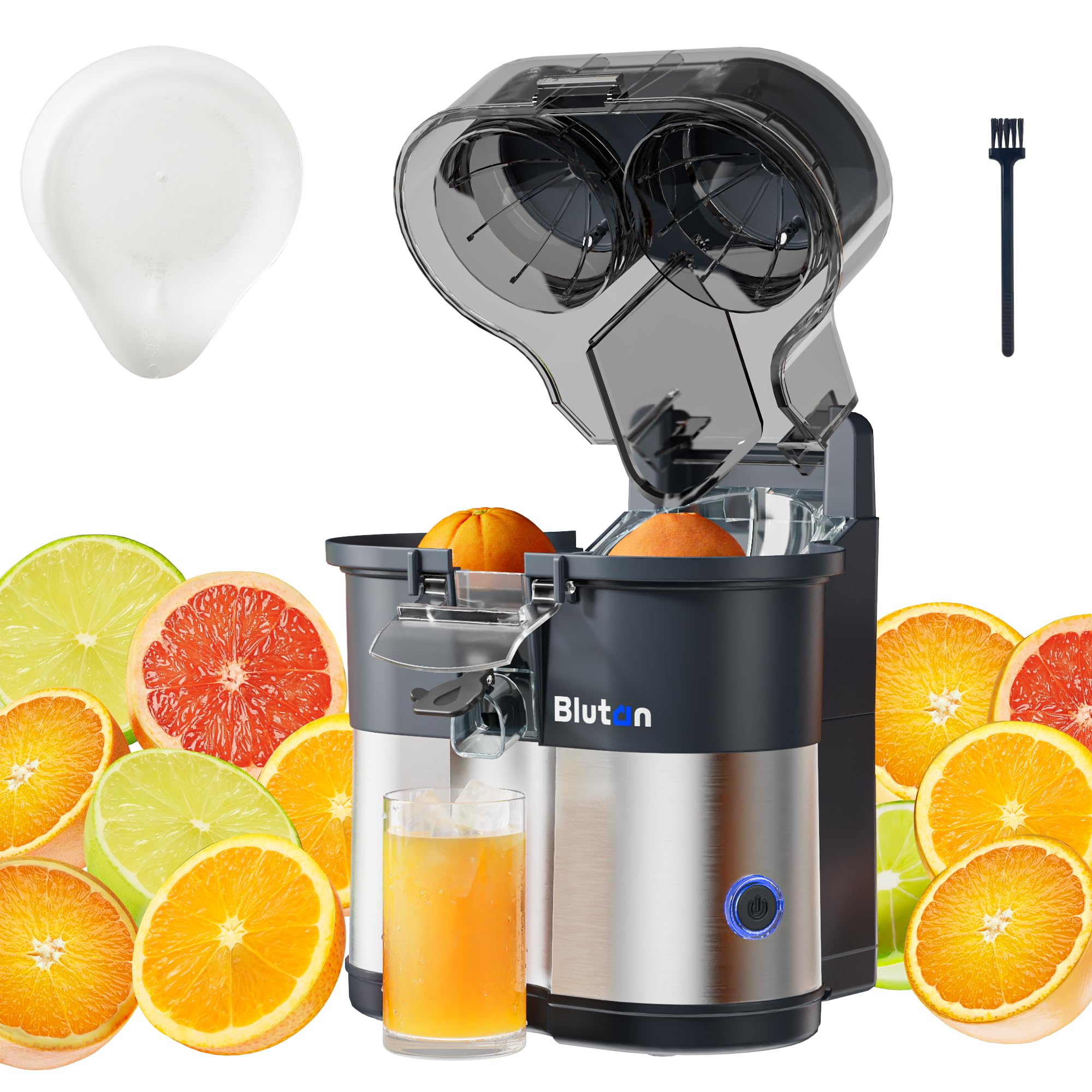 B Juicy O2 Elektrische Zitruspresse & Orangenpresse – Doppelkegel-Entsafter mit Schneider, vollautomatisch, 100W，13500 U/min, BPA-frei, 380ml, leicht zu reinigen, für Orangen, Zitronen & mehr