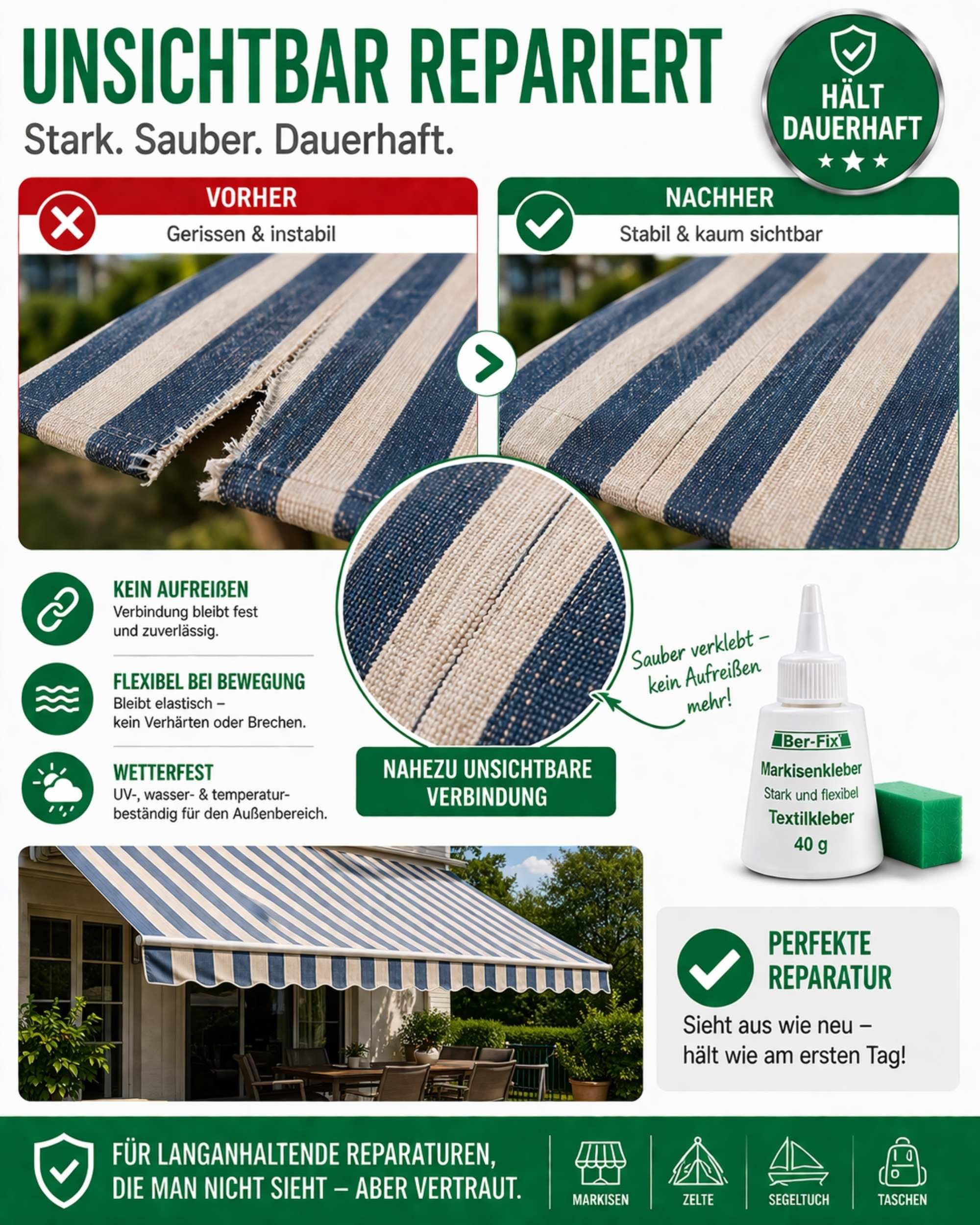 Ber-Fix® Textilkleber 500g XXL-Vorratsflasche – Wasserfester Stoffkleber extra stark – Transparenter Kleber für Stoffe, Baumwolle, Jeans, Filz, Leder & Markisen – Waschmaschinenfest