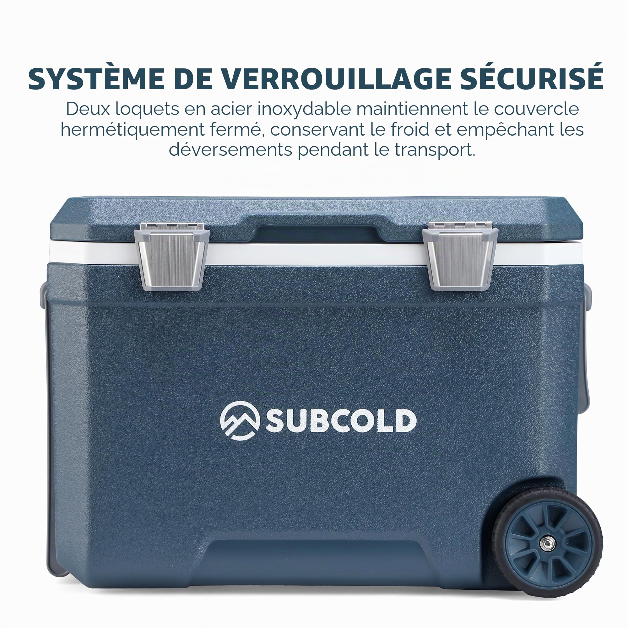 Subcold MOBI Glacière à roulettes, bleu, 45 L, isolation en mousse PU | Glacière isotherme à roulettes avec poignées et drainage, glacière pour voyage, voiture, camping et plein air