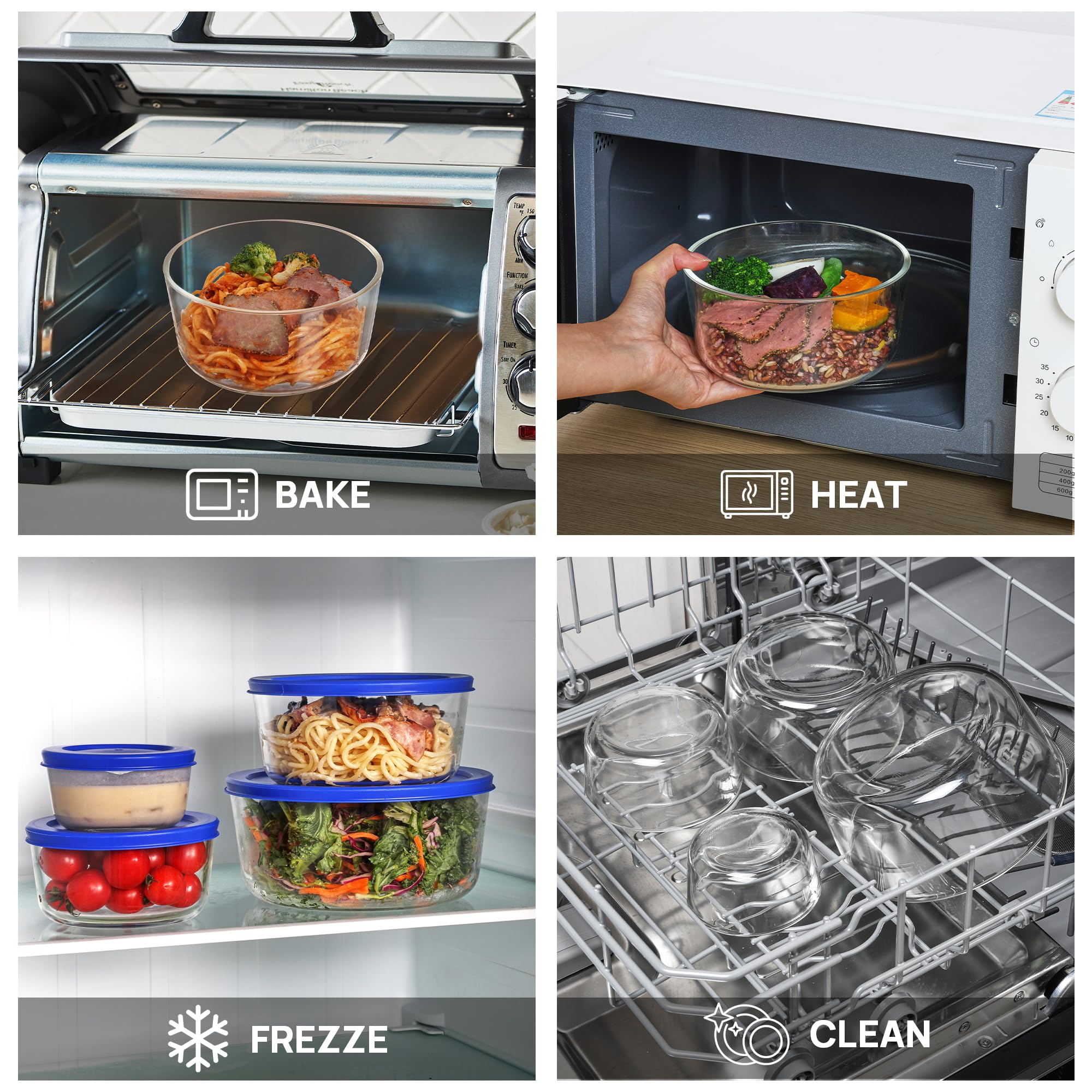 Paquete de 4 cuencos de vidrio con tapas (1, 2, 4, 7 tazas), recipientes de almacenamiento de alimentos, preparación de comidas y sobras, contenedor de almuerzo, apto para microondas, 6