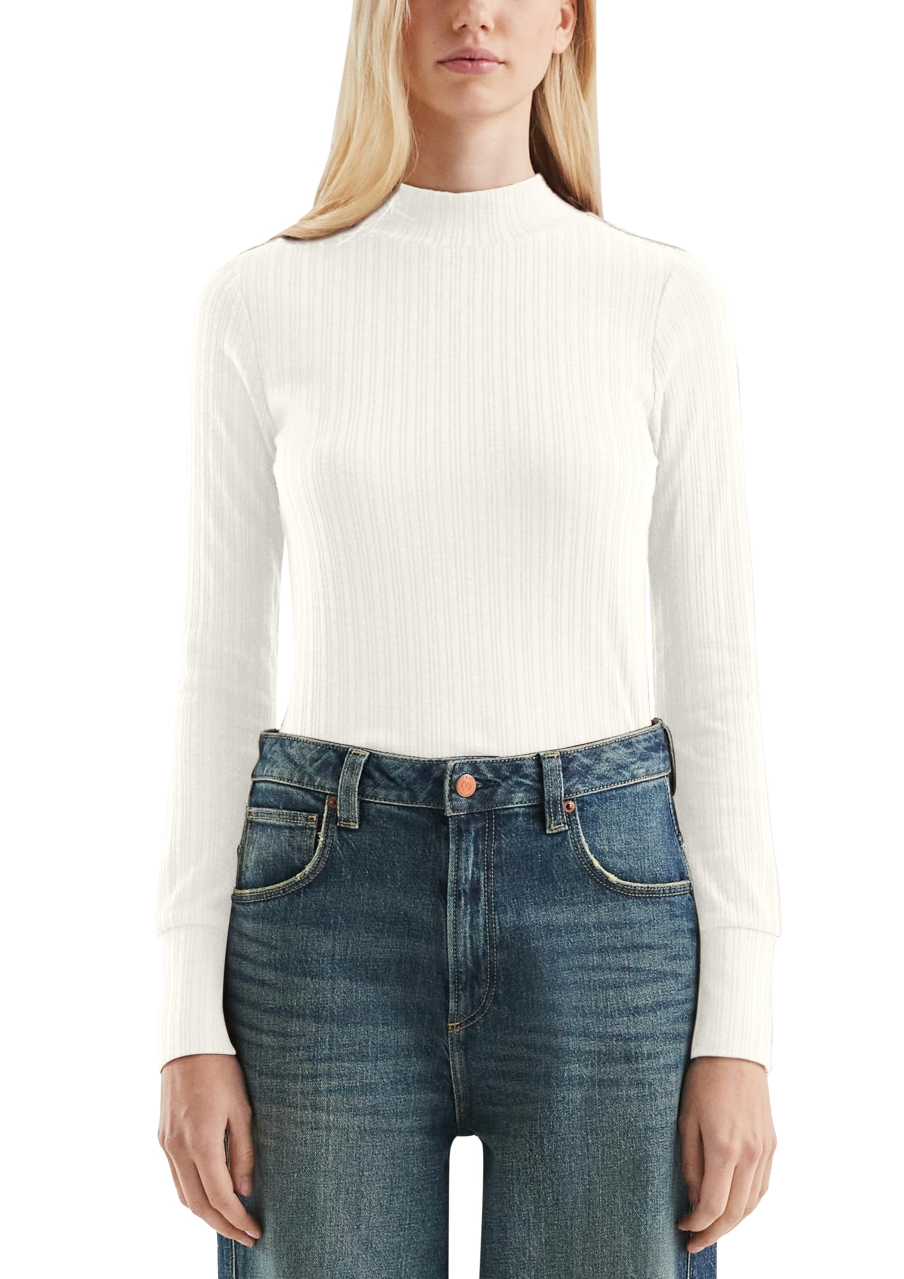 QS Damen Geripptes Langarmshirt T-Shirt Langarm, Slim Fit