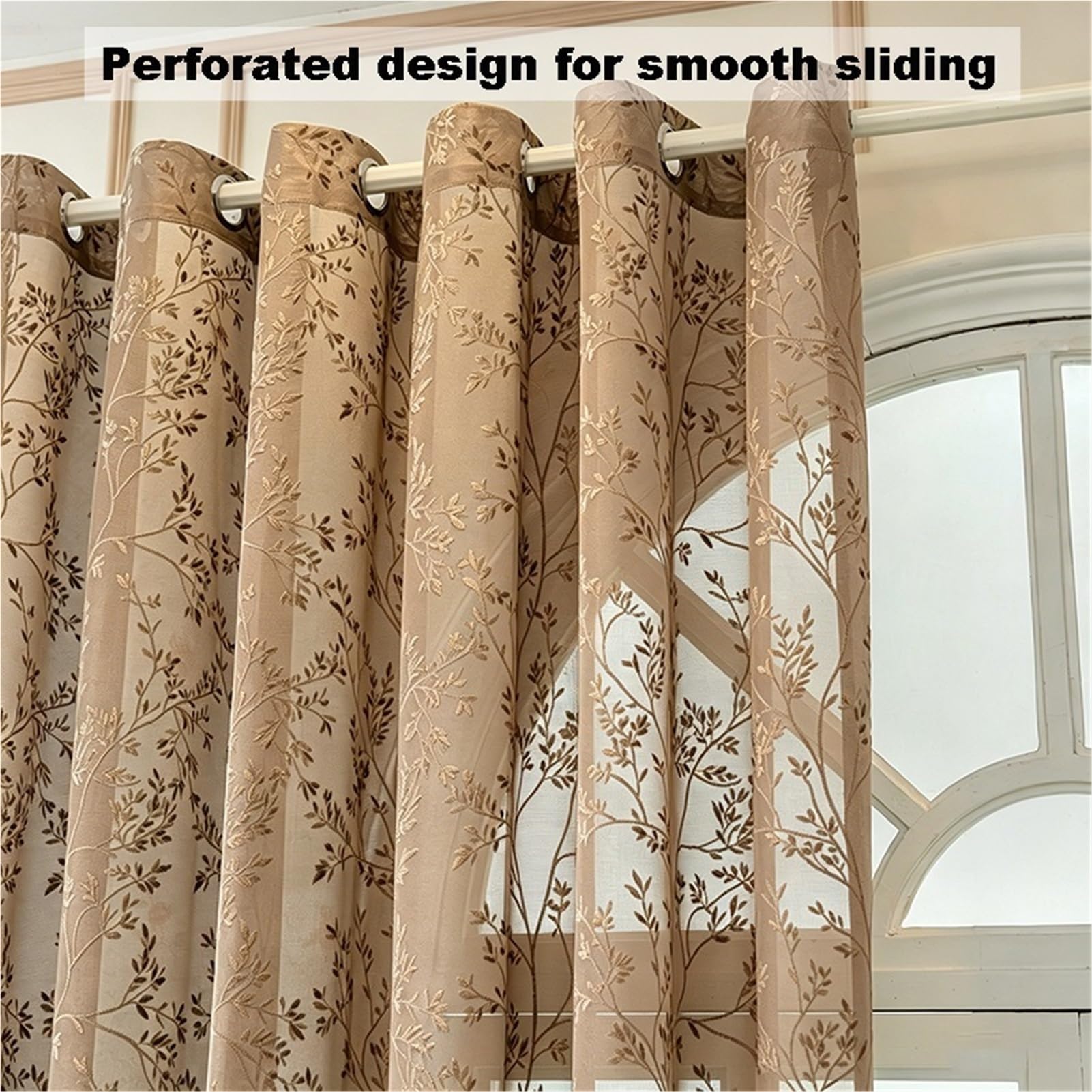 Voilage Fenetre Rideau Salon Cuisine Chambre Semi Transparent Motif De Branches De Feuille Dentelle Broderie | Lot De 2 Œillets Souple Lavables Intimité(Coffee,140 x 260 cm)