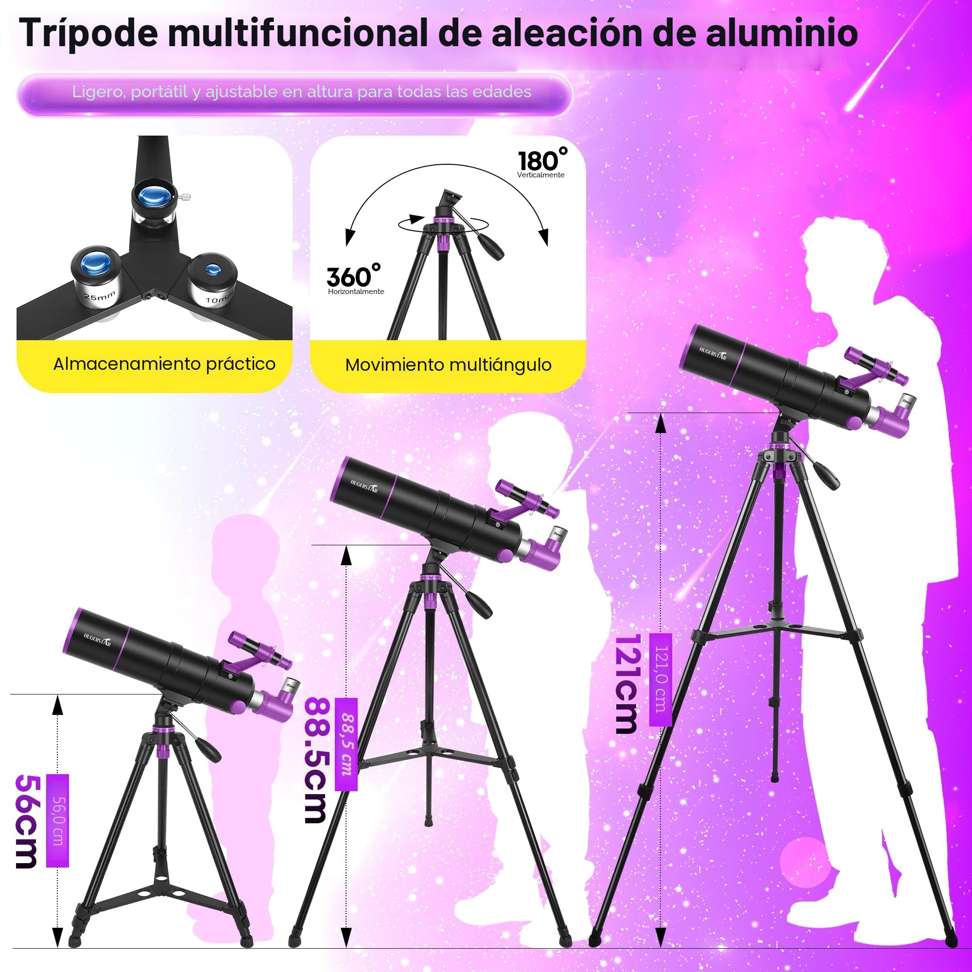 Telescopio Astronómico Profesional para Adultos y Niños Principiantes, 90/550 mm Telescopio Refractor Portátil con Trípode Ajustable, Filtro Lunar, Adaptador Teléfono y Bolsa de Transporte