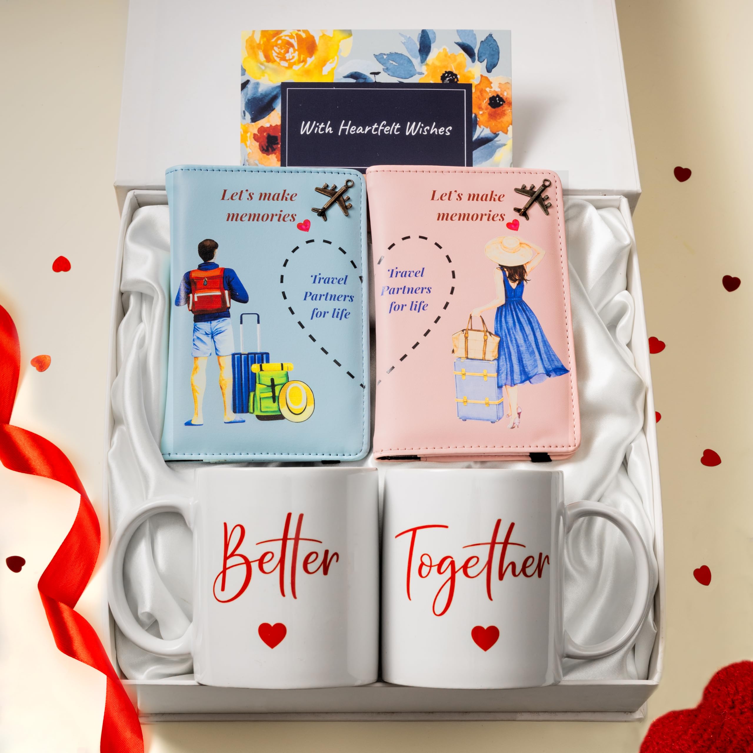 Rarejoy Thoughtfully Curated Couple Gift Hamper with Mugs for Him & Her, Couple Passport Cover & Greeting Card | Romantic Gift Set for Couples | Anniversary, Wedding Gift, Travel Gift for partner, Birthday Gift
